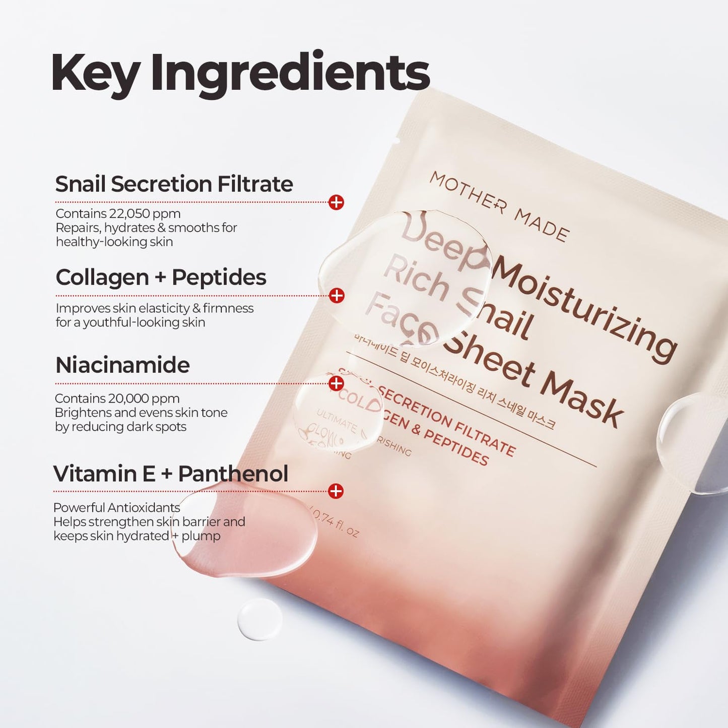 MOTHER MADE Snail Face Mask With Niacinamide 2% & Vitamin E, Collagen Sheet 10 EA, For Dry & Sensitive Skin, Mascarillas Para La Cara, Hyaluronic Acid, Korean Skincare