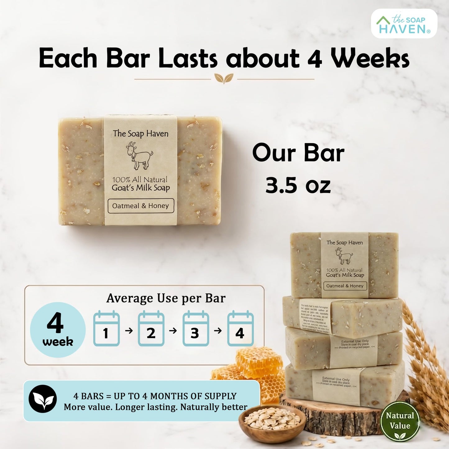 Oatmeal Soap - 4 Oatmeal & Honey Goat Milk Soap Bars, Handmade in USA, All Natural, Unscented, SLS Free, No Parabens
