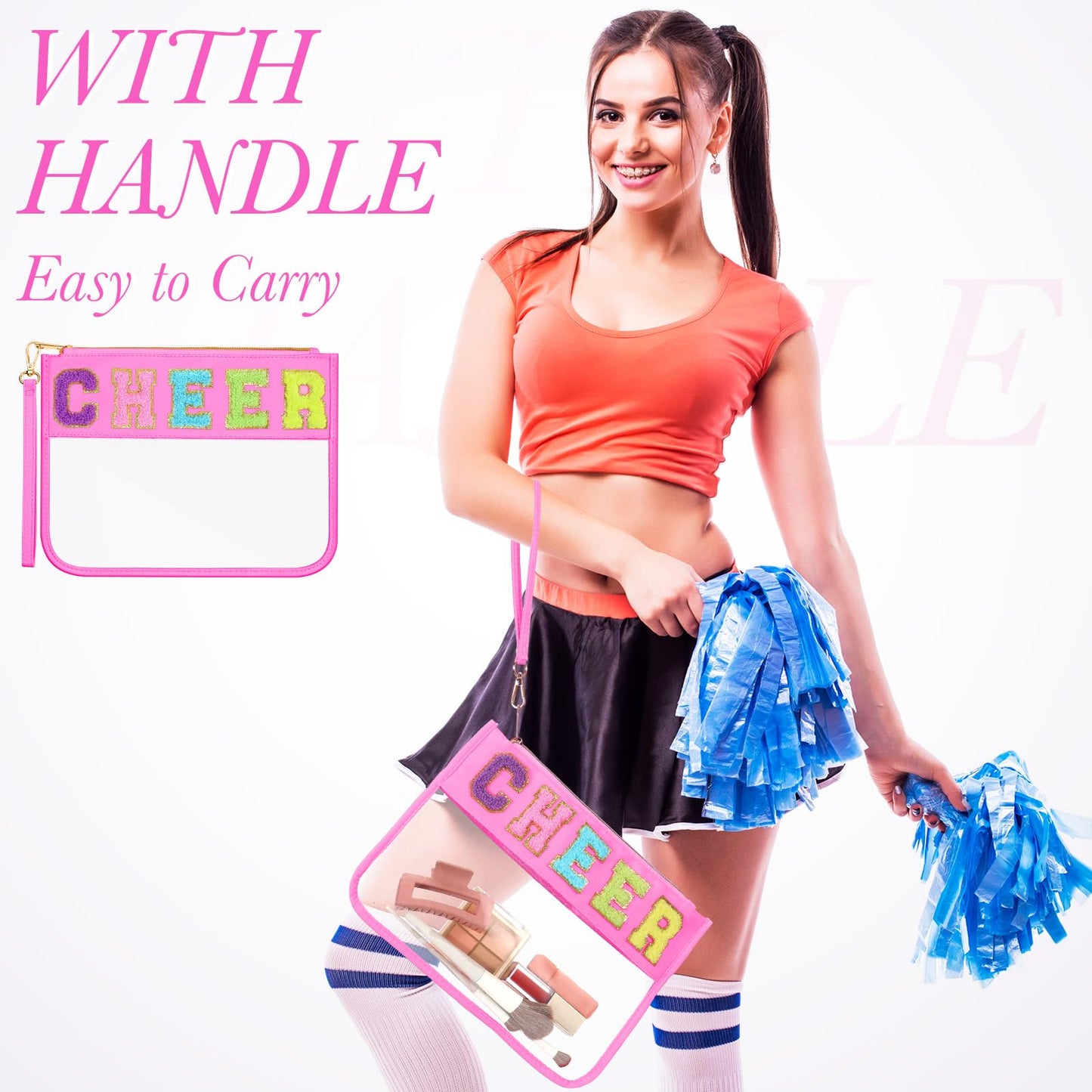 Abbylike 12 Pcs Cheer Bags Cheerleaders Gifts Chenille Letter Makeup Bag Clear Snack Bag with Zipper Waterproof Travel Cosmetic Pouch Bulk for Team Cheerleading Women Mom(Pink)