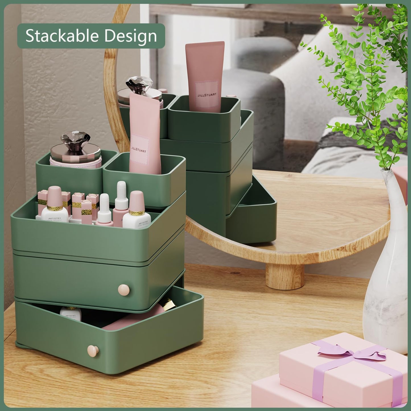 Makeup Organizer with Rotating Drawers: Stackable Makeup Bathroom Vanity Storage Box, Desk and Dresser Countertop Organizers and Storage Boxes for Cosmetics, Skincare, Jewelry, Bracelets, Green