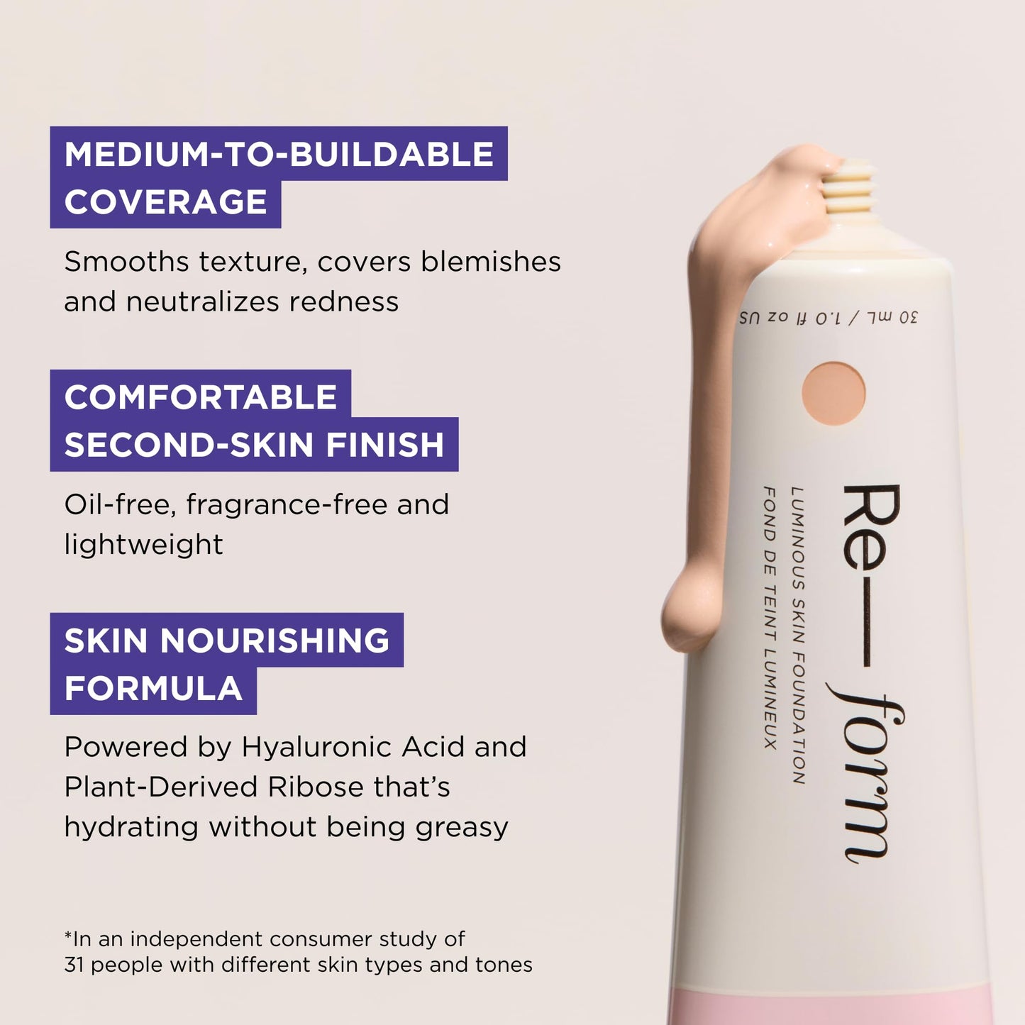 HALEYS Re-form Luminous Skin Foundation, VEGAN + CRUELTY-FREE, Blurs, Conceals, Blendable, Buildable Med-to-Full Coverage, Weightless, Oil-free, All-Day Wear, Hyaluronic Acid, All skin types (2.5)