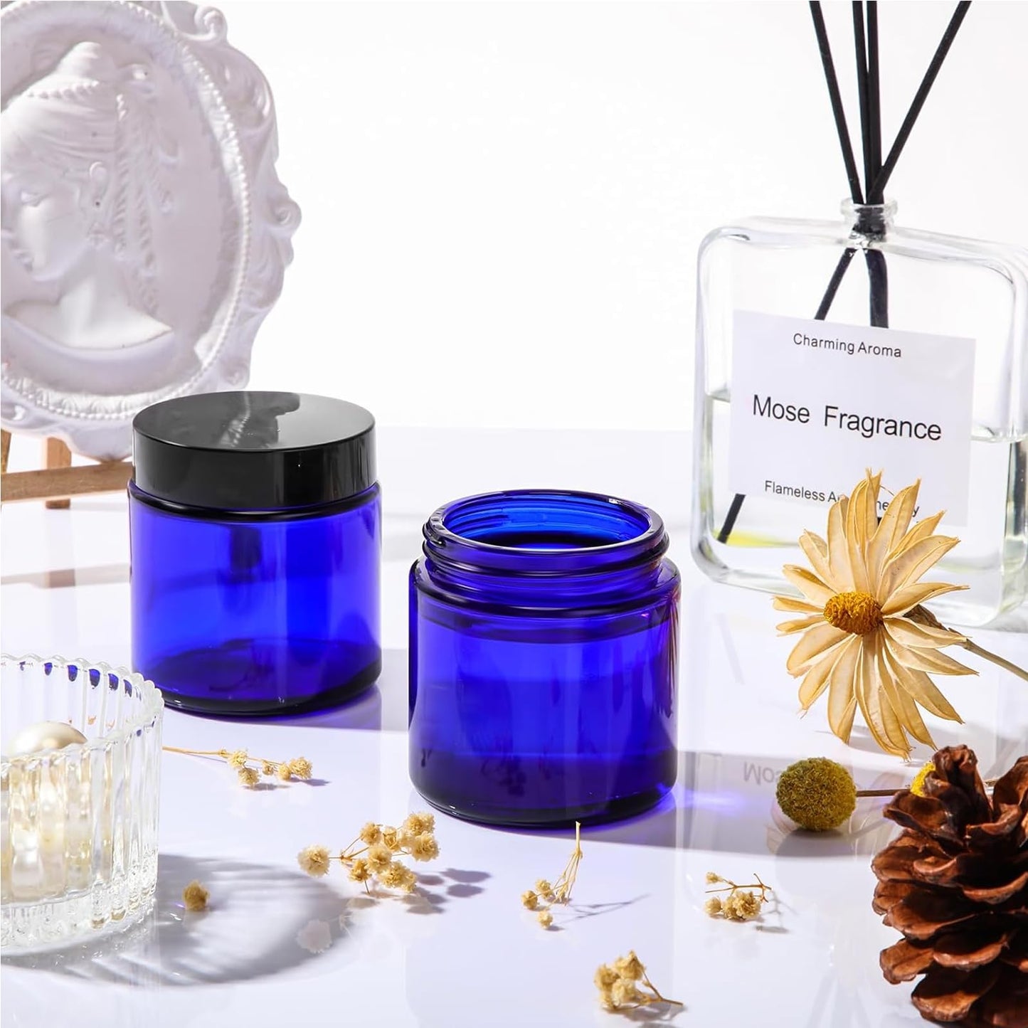 IRON BILL 1 Oz Blue Round Glass Jars with Inner Liners and Black Lids(24PCS) Empty Cream Containers Refillable Cosmetic Vials for Cosmetics, Lotions, Ointment, Body Scrubs & Balms