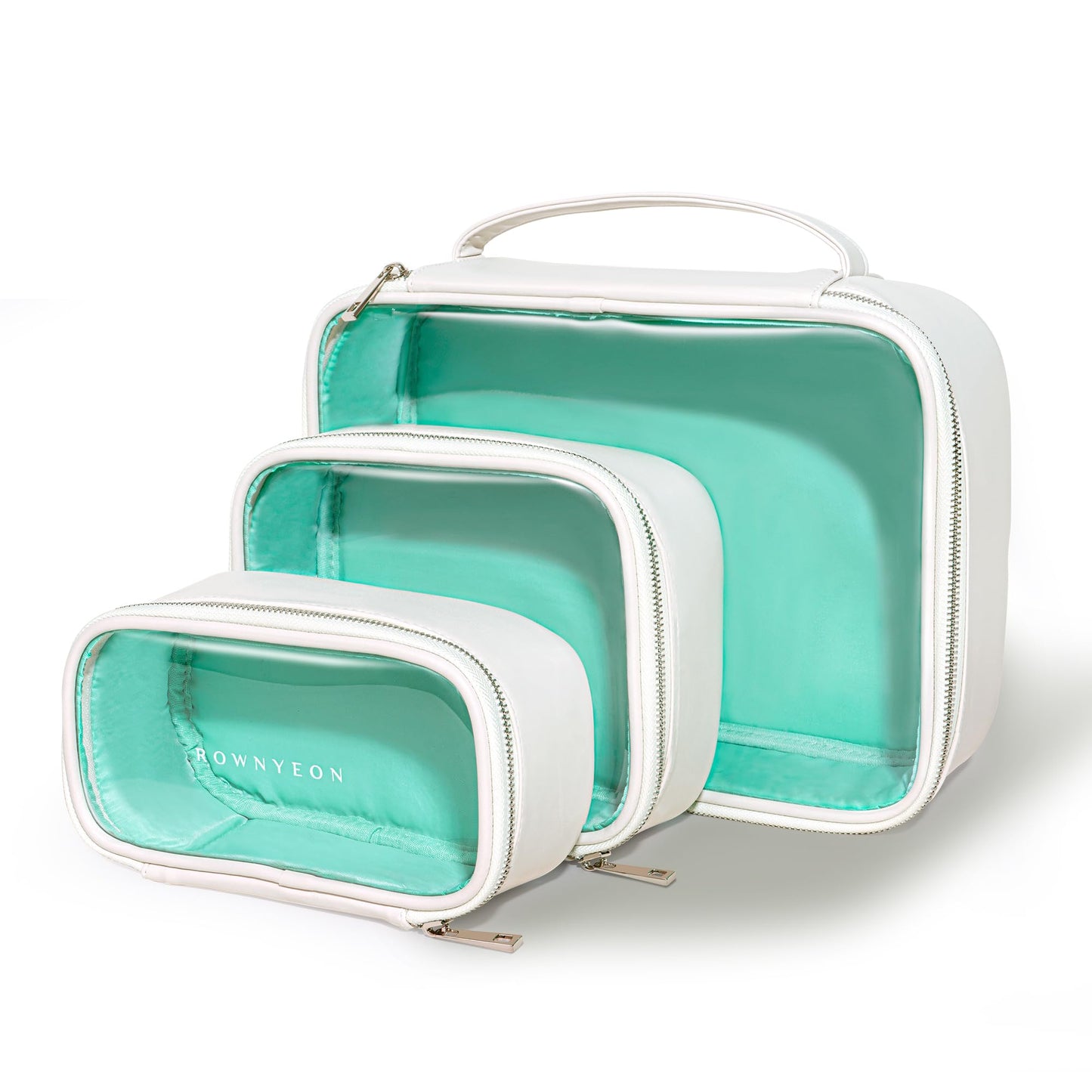 ROWNYEON 3-Piece Premium Cosmetic Organizer Set - Clear PVC & Faux Leather Storage Bags with Jewel-Tone Blue Lining, Waterproof Travel Toiletry Cases for Home/Carry-On (Jumbo/Medium/Mini)
