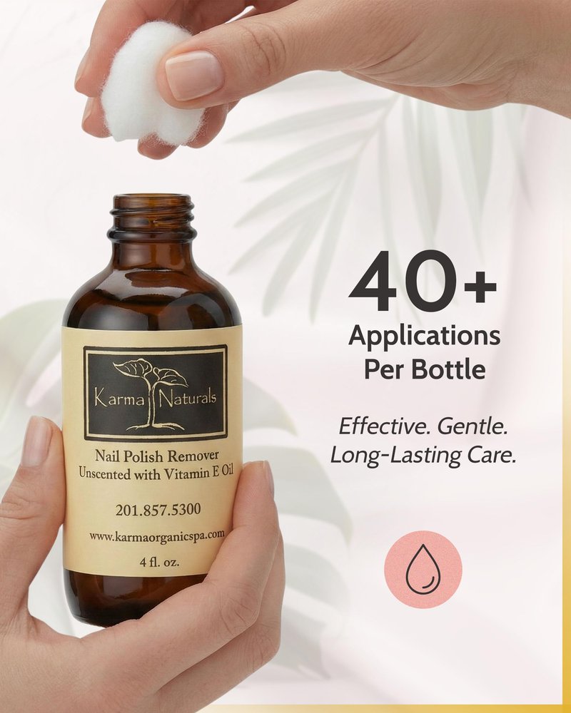 Karma Organic Nail Polish Remover Unscented- Non Toxic, Vegan, Cruelty Free, Acetone Free – Nails Strengthener for Fingernails – 4 fl. Oz