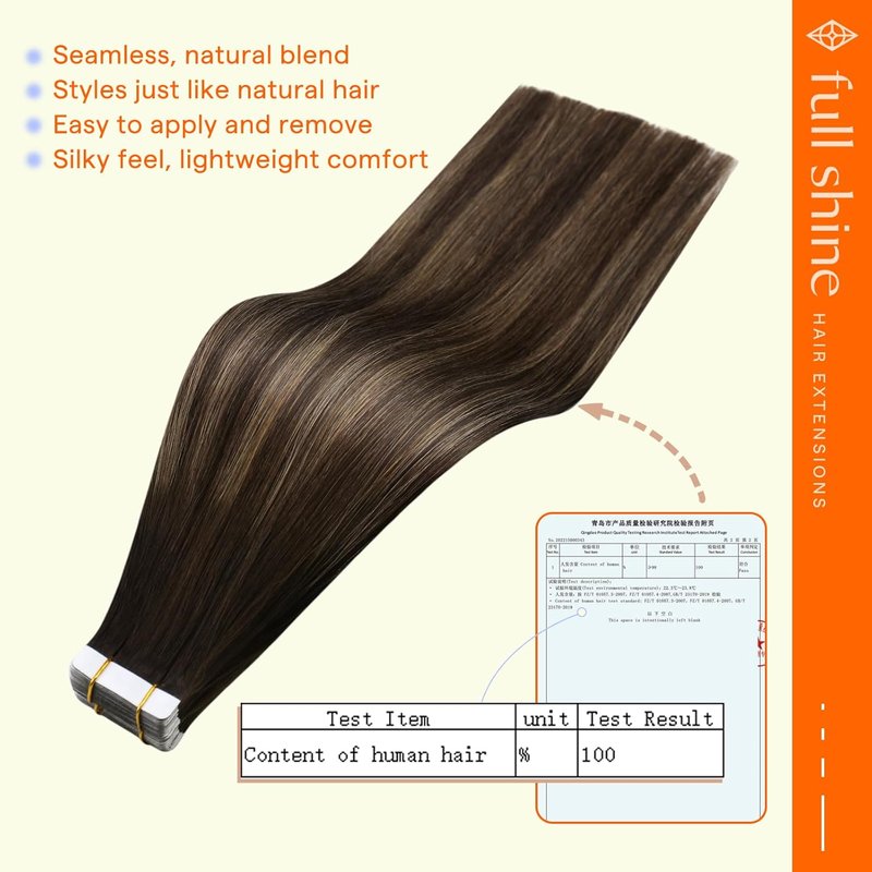 Real Human Hair Tape-In Extensions - 20 Inch Double-Sided, Dark Brown to Ash Brown | 50g Seamless Volume Boost