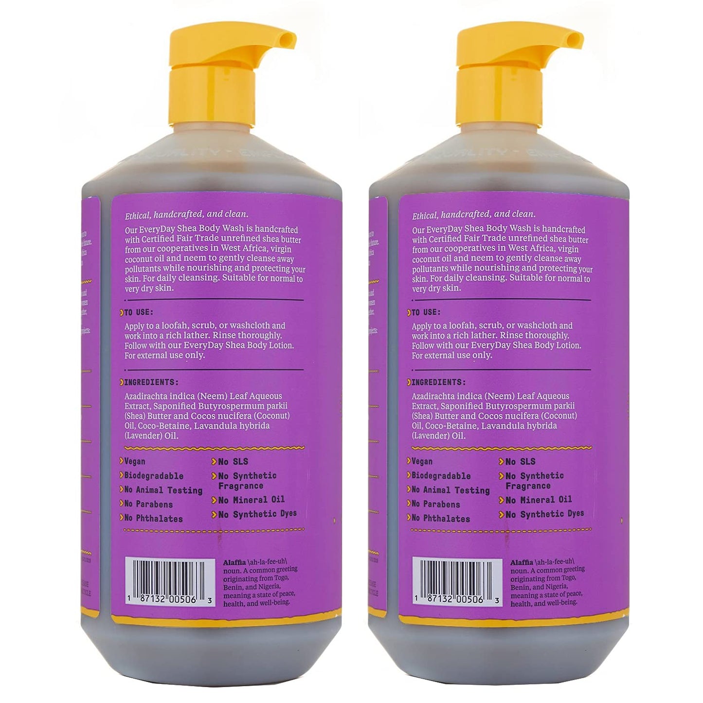 Alaffia Body Wash, EveryDay Shea, Lavender 2-Pack – Gentle Skin Cleanser, Shower Gel for Normal to Very Dry Skin, 32 Oz Ea