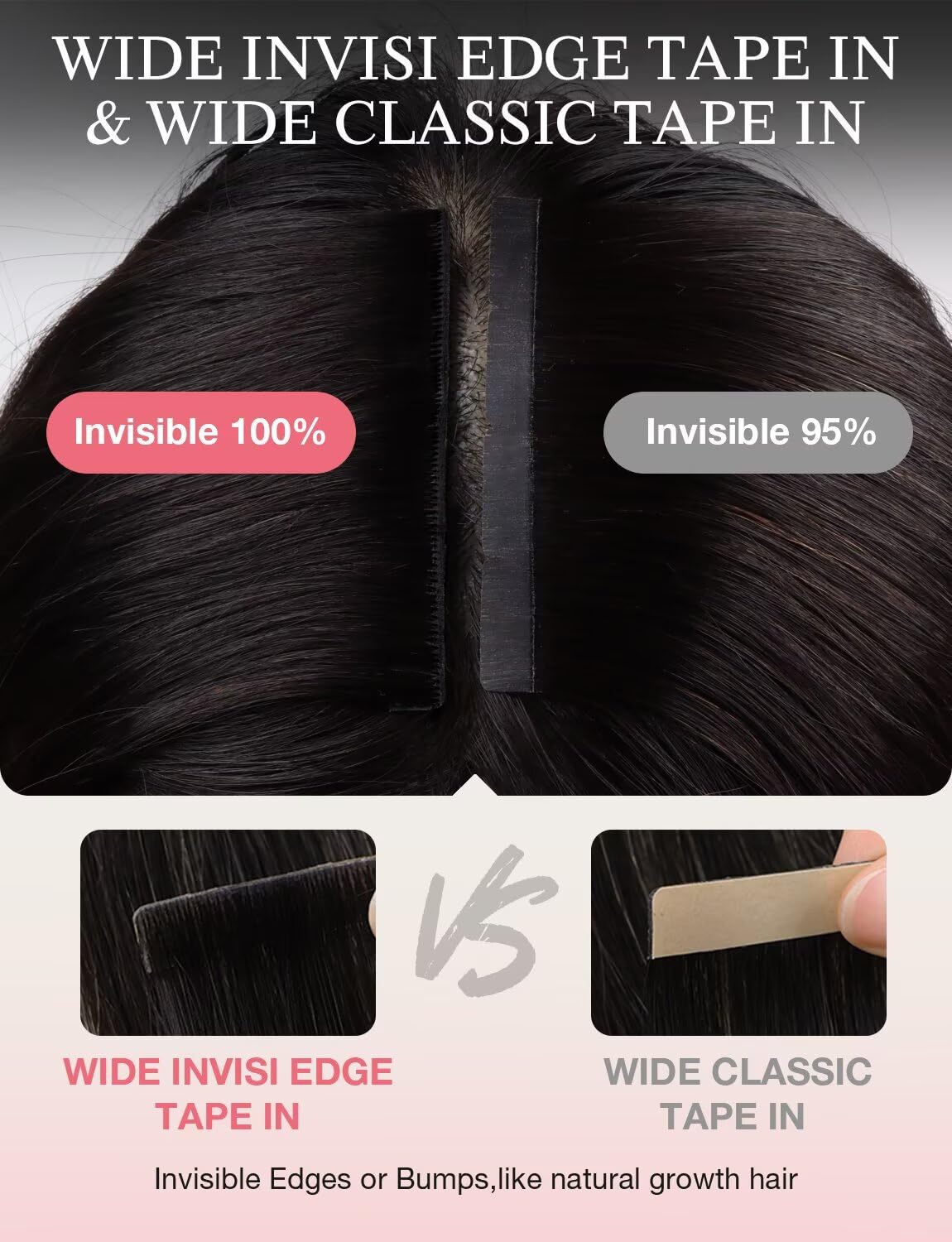 DOORES Invisi Edge Wide Tape in Human Hair Extensions, Dark Brown to Chestnut Brown 4PCS Injection Tape ins 20g 18 Inch, Injected 3 Inch Wide Extensions Straight for Thinning Hair