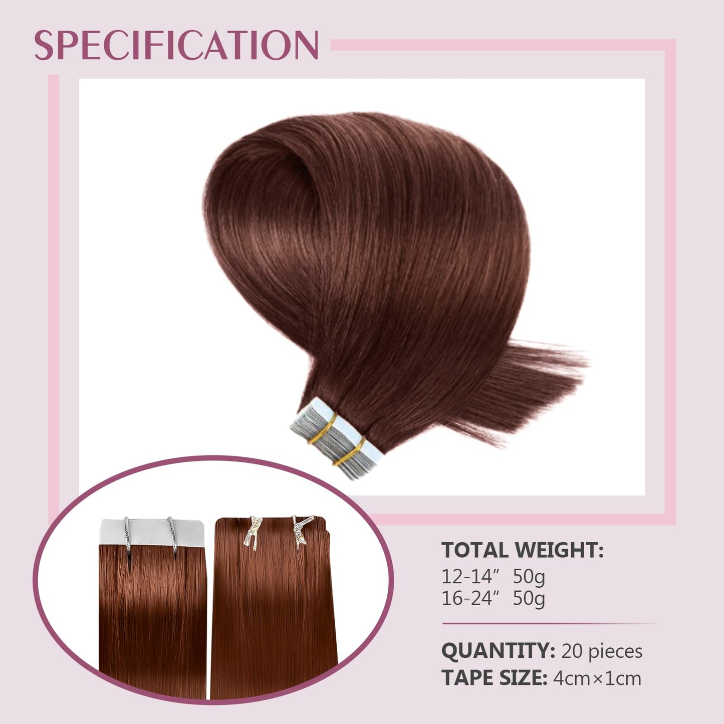 Fimislosion Tape in Hair Extensions Human Hair, 14 Inch Dark Auburn Real Human Hair Extensions, Invisible Tape ins for Women, Seamless Hair Extensions Tape in 20Pcs 50Gram