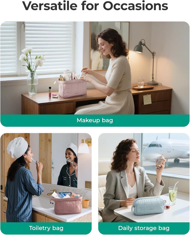 Makeup Bag - Travel Toiletry Organizer for Women | Padded Checkered Khaki Case with Wide-Open Design