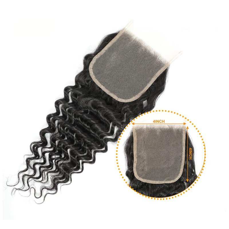 4x4 Deep Wave Closure 18 inch Free Part Brazilian Lace Closure Virgin Human Hair Natural Black 180% Density (4x4-Deep Wave, 18inch)
