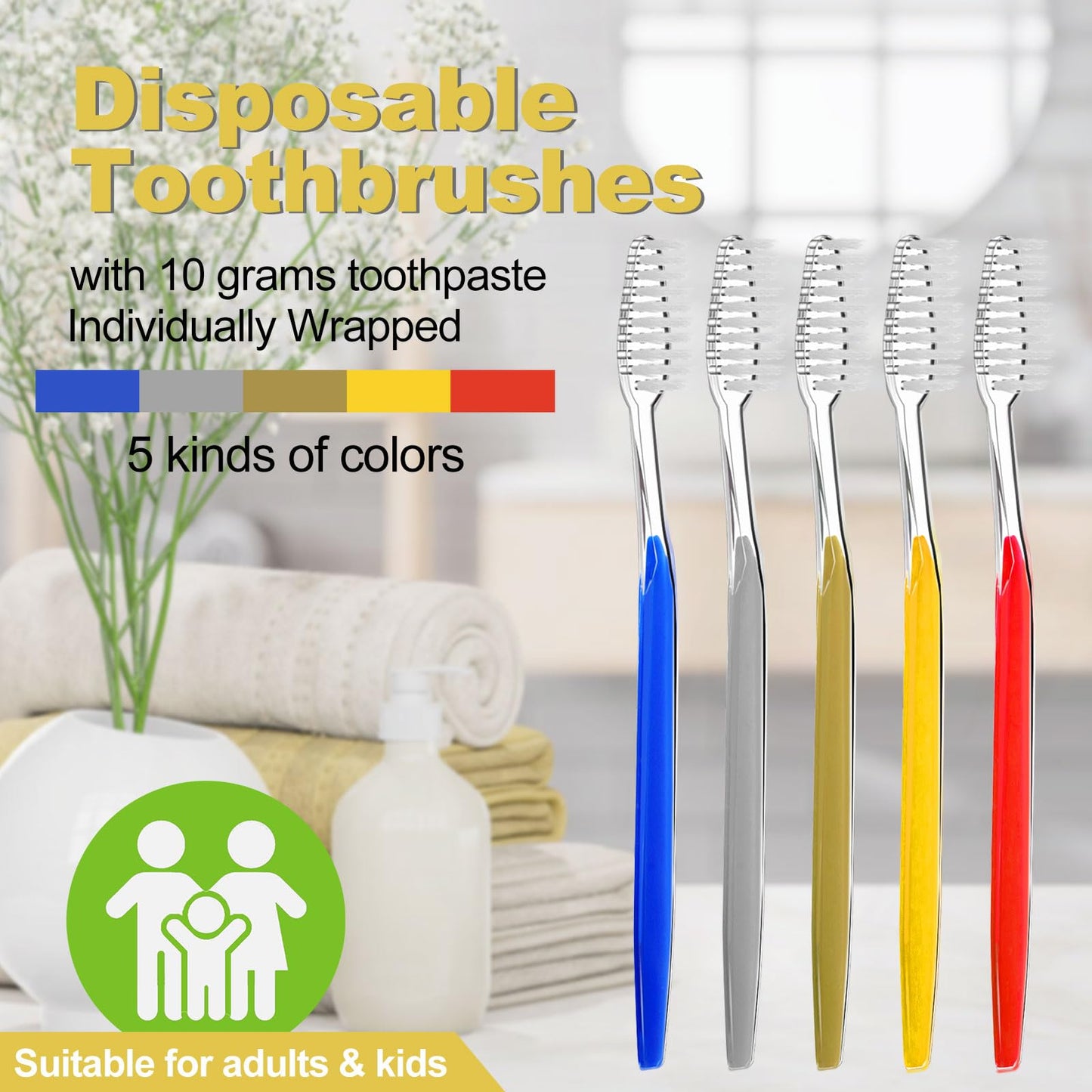 skourvut Disposable Toothbrushes with Toothpaste Individually Wrapped 5 Colors Bulk Toothbrush and Toothpaste 10g for Homeless,Shelter,Air Bnb/Hotel/Guest Apartment (100)