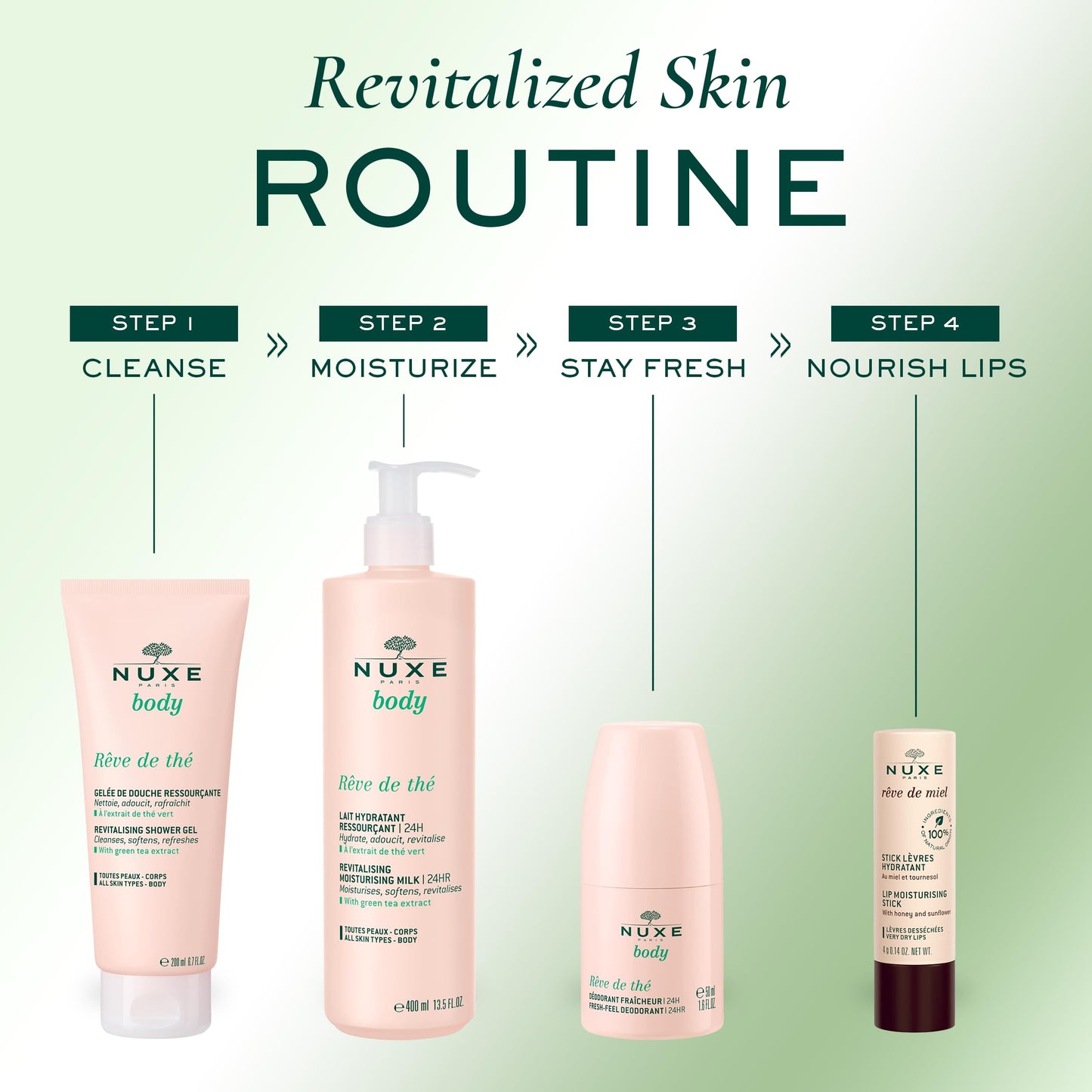 NUXE Revitalizing Moisturizing Body Lotion, Rêve de Thé 24hr Hydration Moisturizing Milk, Nourishes, Softens & Revitalizes with Green Tea Extract, 13.5 Fl Oz