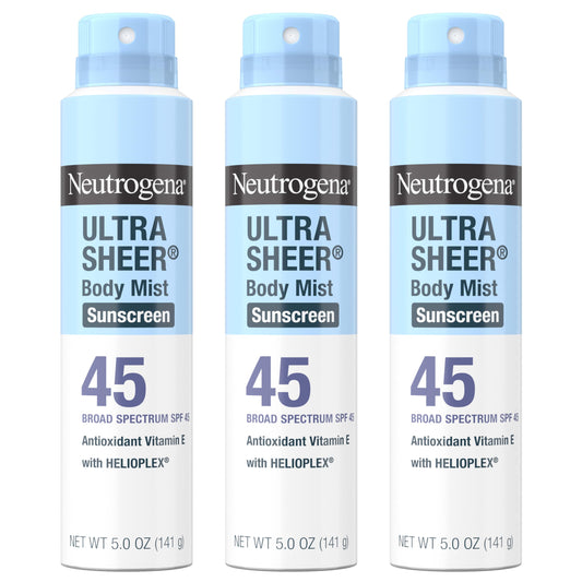 Neutrogena Ultra Sheer Sunscreen Spray SPF 45 Body Mist, Lightweight Non-Greasy Broad Spectrum UVA/UVB Protection, Non-Comedogenic Water Resistant Spray Sunscreen (80 min), Pack of 3, 5 oz