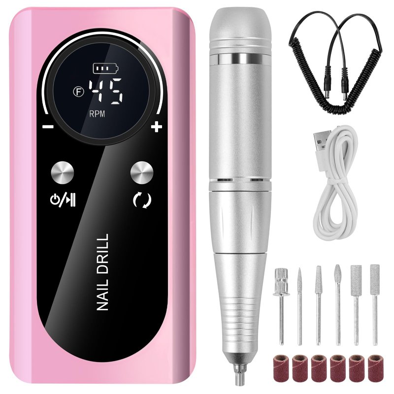 HZXINGWANG Professional 45000 RPM Portable Nail Drill & Electric Nail File for Acrylic Nails, Gel Polish Removal – Rechargeable with 6 Drill Bits Kit for Home & Salon Use (White)