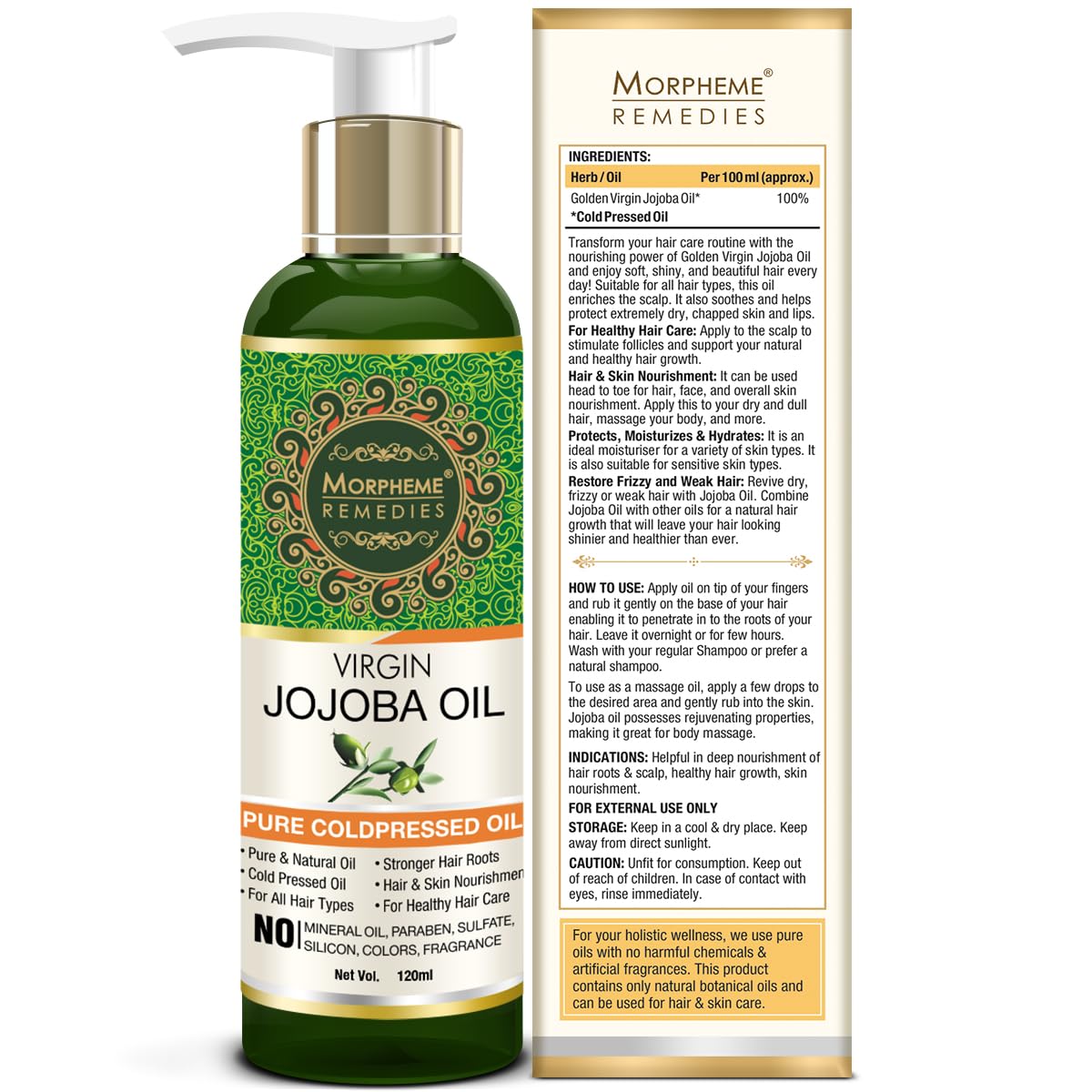 Morpheme Remedies Jojoba Oil - Cold Pressed Virgin Oil for Skin & Hair | 120ml