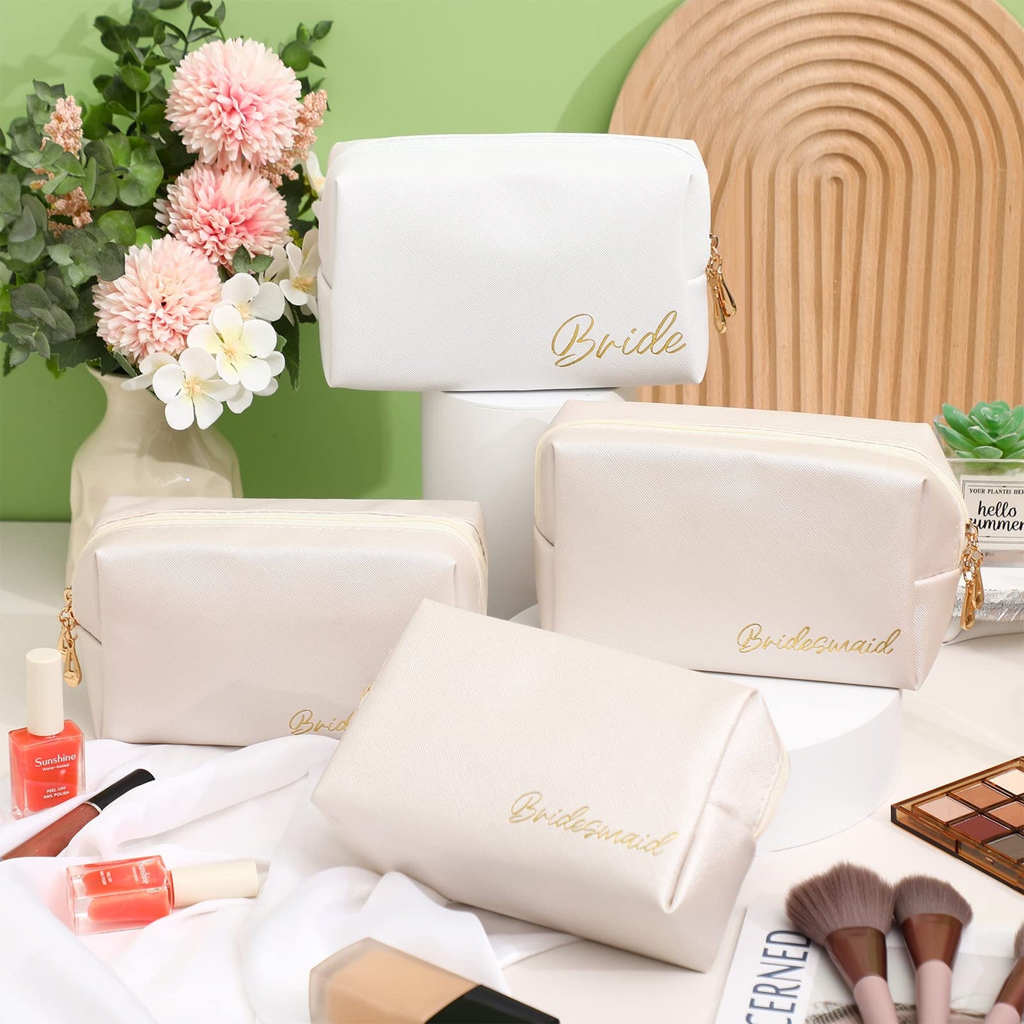 Hillban 6 Pcs PU Leather Bride Makeup Bag Cosmetic Bridesmaid Waterproof Toiletry Travel Bag Pouch Purse Gifts for Bridal Shower, Wedding, Engagement Gifts, Bachelorette Party(White, Ivory White)