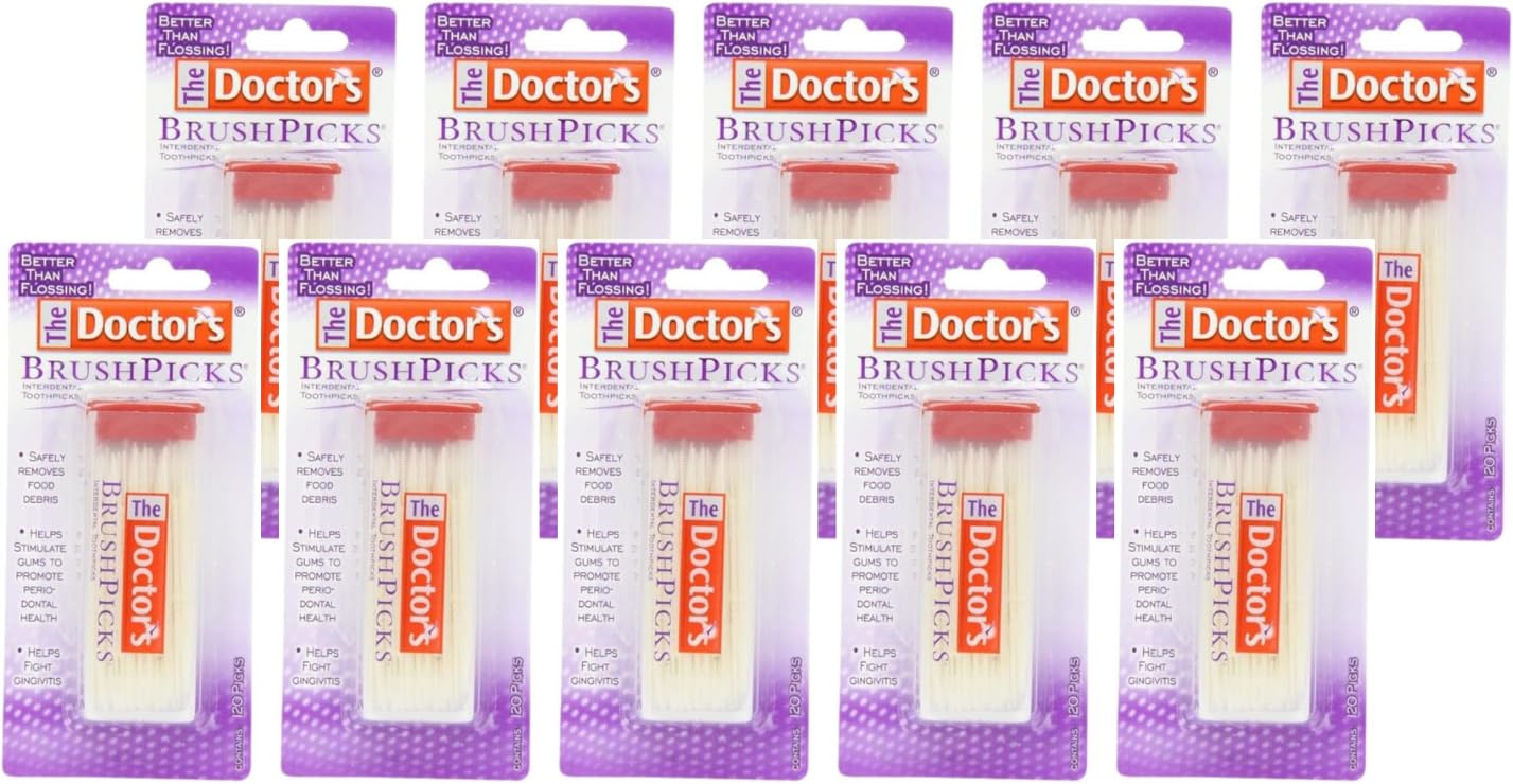 The Doctor's BrushPicks Interdental Toothpicks, Soft Rubber Dental Picks for Teeth Cleaning, Removes Food Debris, Gum Care, Portable Dispensing Case, 120 Count (Pack of 10)