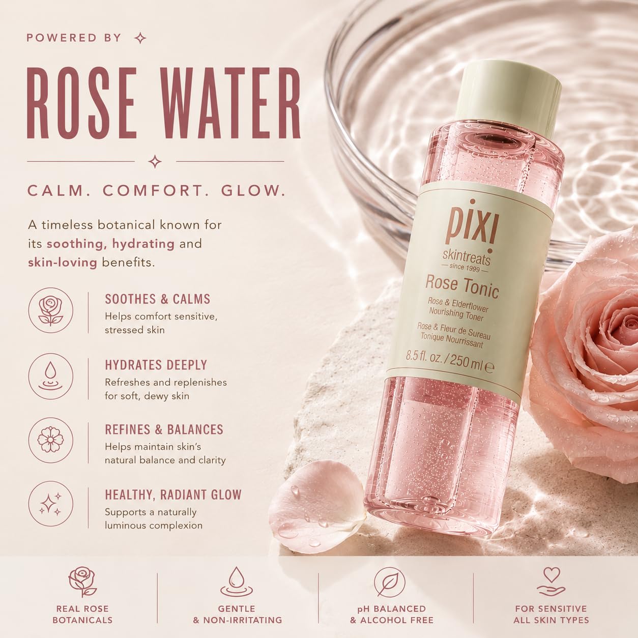 Pixi Rose Tonic Rose Hydrosol Toner Hydrates Skin, Minimize Redness, Rehydrates and Replenishes, 8.5 fl oz/250ml