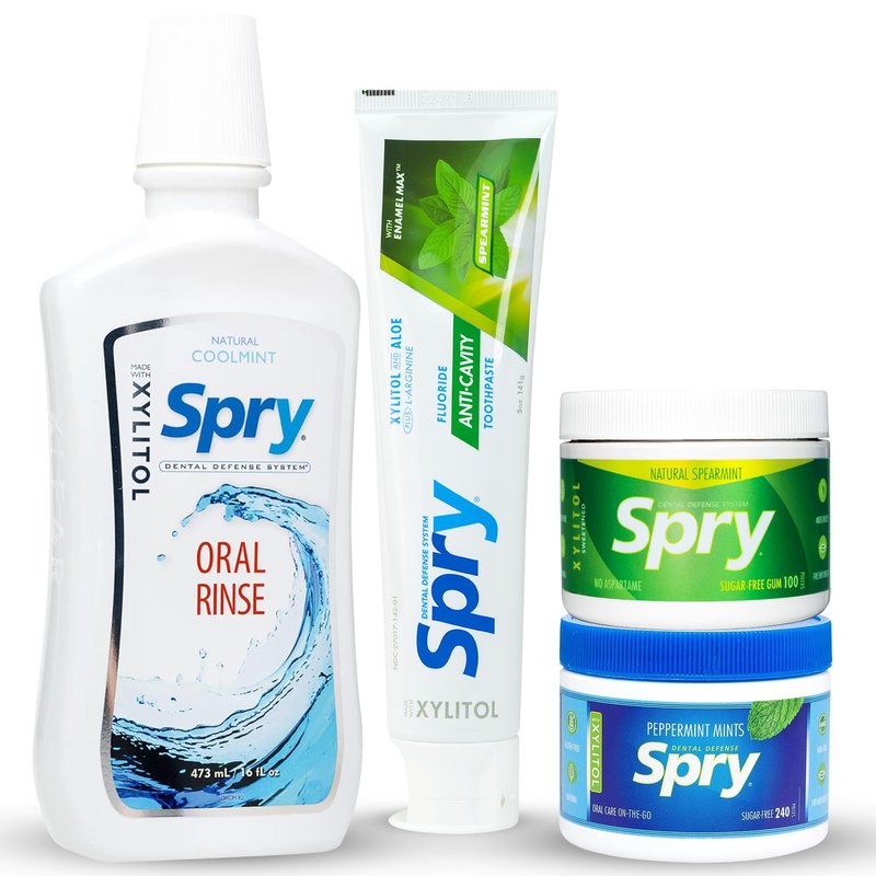Spry Total Dental Health Kit, All Day Oral Care and Gum Health Kit Including Xylitol Sugar Free Gum, Candy Mints, Oral Rinse and Spearmint Toothpaste
