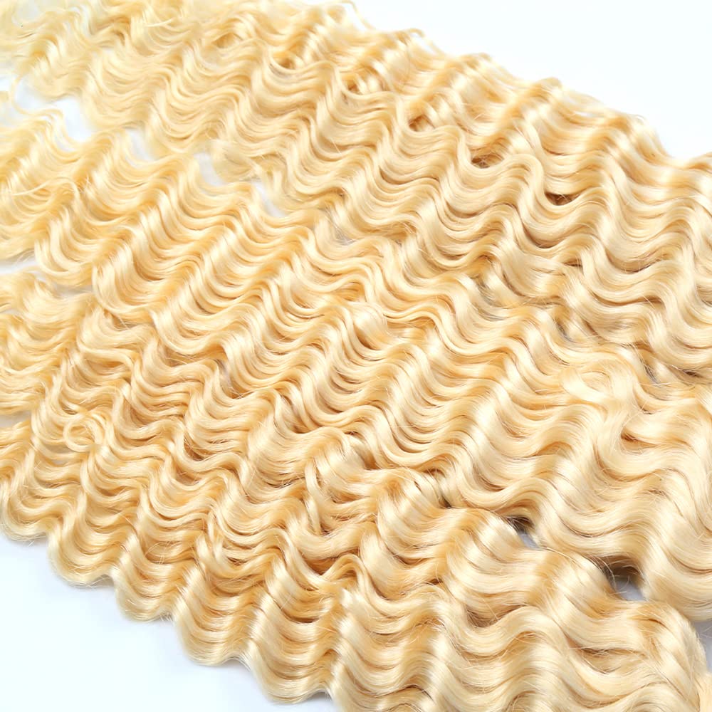 FuivJuix 613 Blonde Bundles Deep Wave Bundles Human Hair 16 16 16 Inch Brazilian Virgin Hair Honey Blonde Deep Wave Bundles Human Hair Extensions 3 Bundle 50 Gram Per Bundle