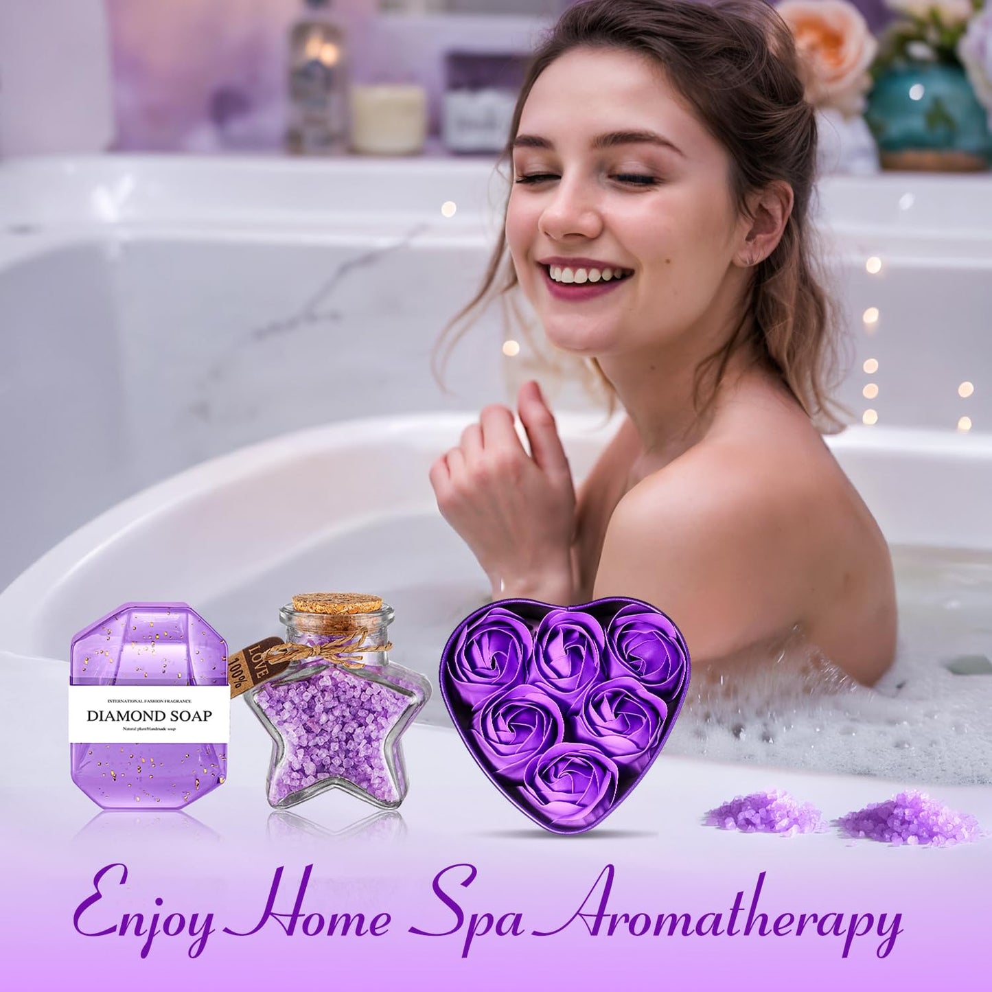 Birthday Gifts for Women Friendship, Aoen Unique Happy Birthday Gifts for Best Friends Women, Mom, Sister, Wife, Coworker, 7P Purple Self Care Spa Gifts Baskets for Christmas, Valentines, Mothers Day