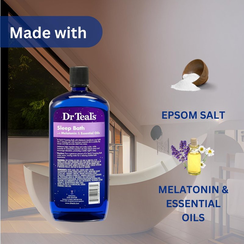 Dr. Teal's Melatonin Foaming Bath 34oz (Pack of 2) with Variety Junction Premium Bath & Shower Sponge - Sleep Inducing Bubble Bath, Clear