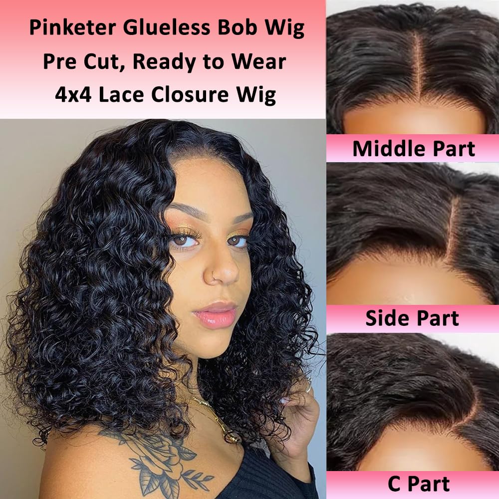 Pinketer Wear and Go Bob Wig Human Hair Deep Wave Glueless Wigs Pre Plucked Pre Cut 4x4 Lace Closure 180% Density Ready to Wear Bob Wigs for Black Women Beginner Friendly (Curly Bob Wig, 12inch)