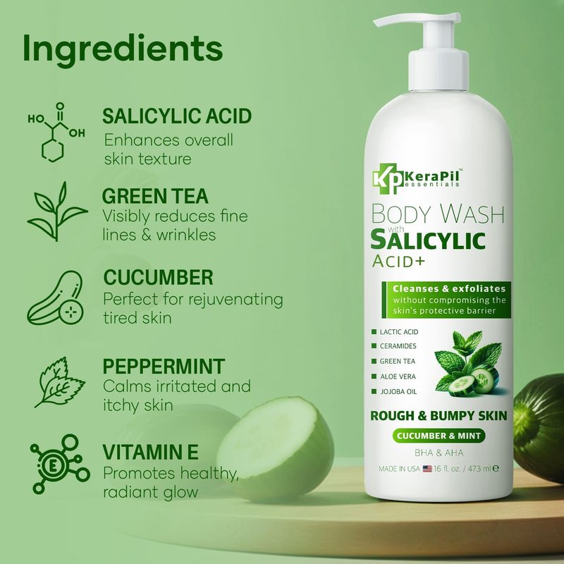 KERAPIL Exfoliating Body Wash with Salicylic Acid - No Dry Out, Gentle Exfoliates Rough and Bumpy Skin, Body Acne Wash, BHA & AHA - Cucumber and Mint Salicylic Acid Body Wash - (16 fl oz)