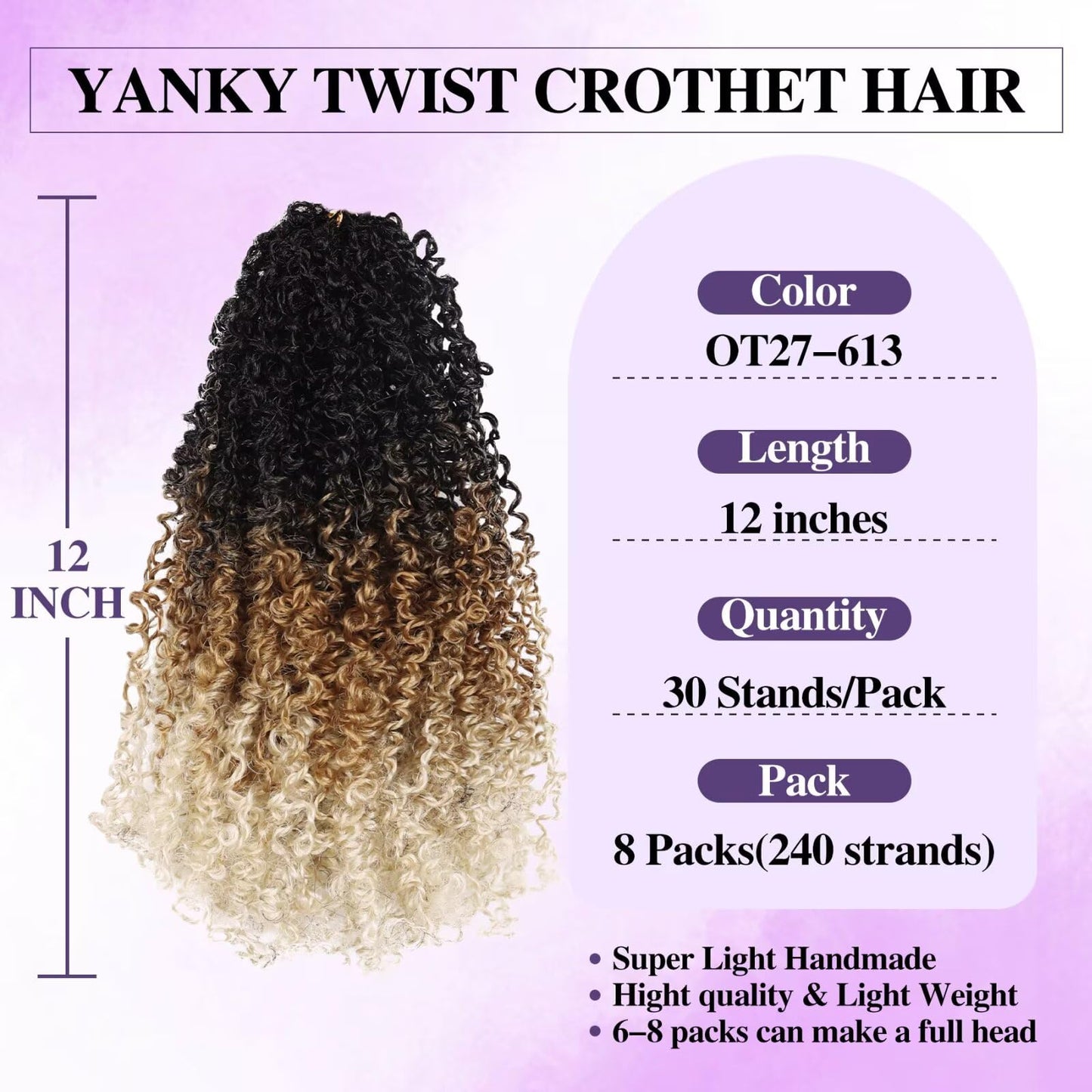 Yanky Twist Crochet Hair for black women 11 Inch 8 Packs 30 Stands/Pc,Pre-looped Fluffy Spring Mini Twist 3 Tones Ombre Blonde Synthetic Crochet Braids Braiding Hair(11Inch, 1B/27/613-8P)