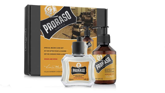 Proraso Beard Care Kit for Men | Beard Wash & Beard Balm to Cleanse, Soften and Reduce Itch for New or Short Beards | Wood & Spice Fragrance