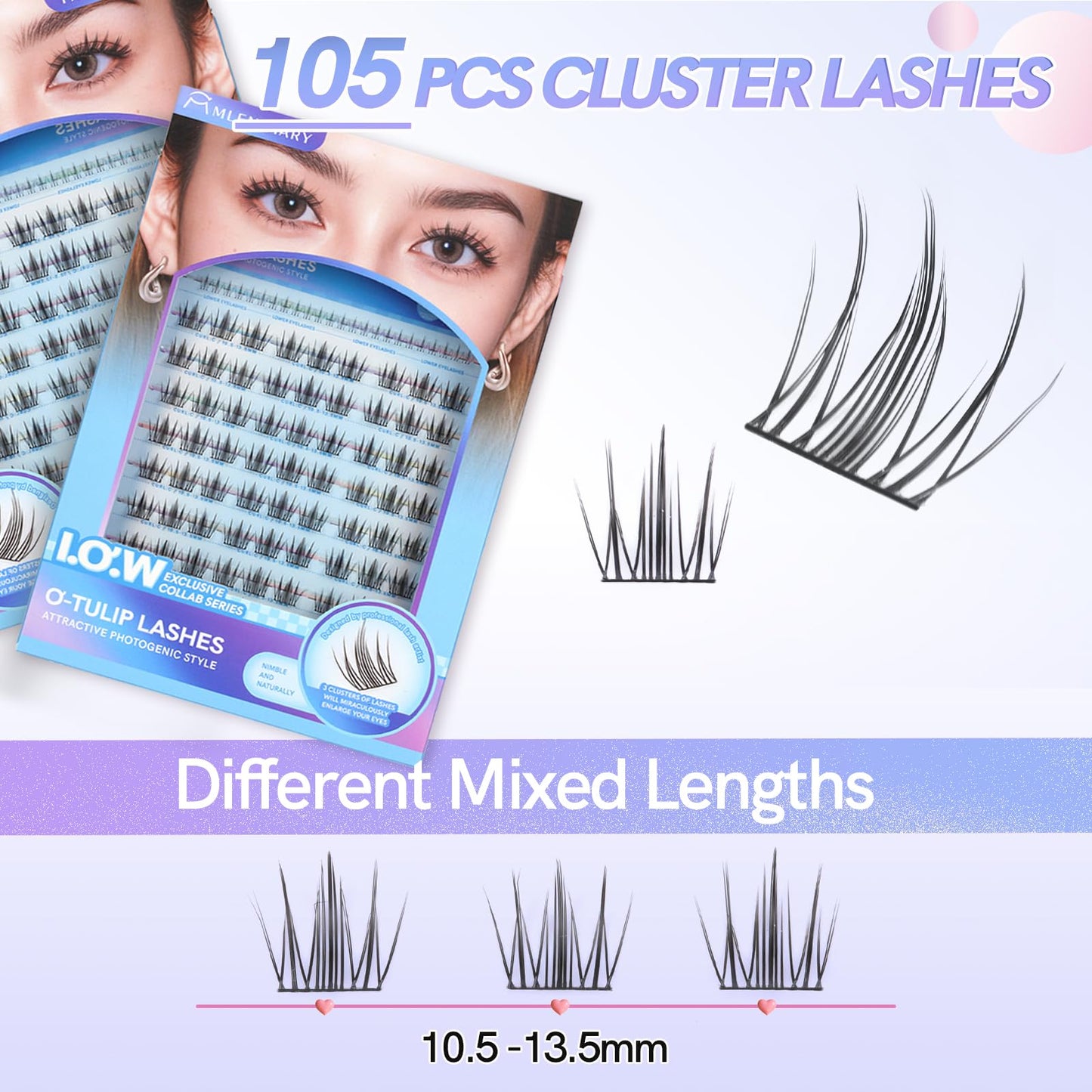 MLEN DIARY Natural C Curl Eyelash Clusters O-Tulip 10.5-13.5MM 105pcs Wispy Lash Clusters Kit Short Lightweight Handmade PBT Fiber for Bigger Eyes (O-Tulip 10.5-13.5MM)