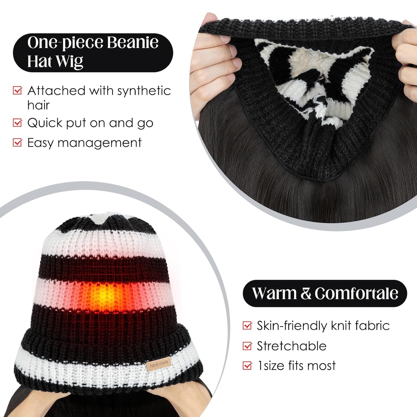 Beanie Wig Hat with Hair for Women - Warm Synthetic Knitted Pom Pom Slouchy Cable Knit | Medium Brown 11” 200g