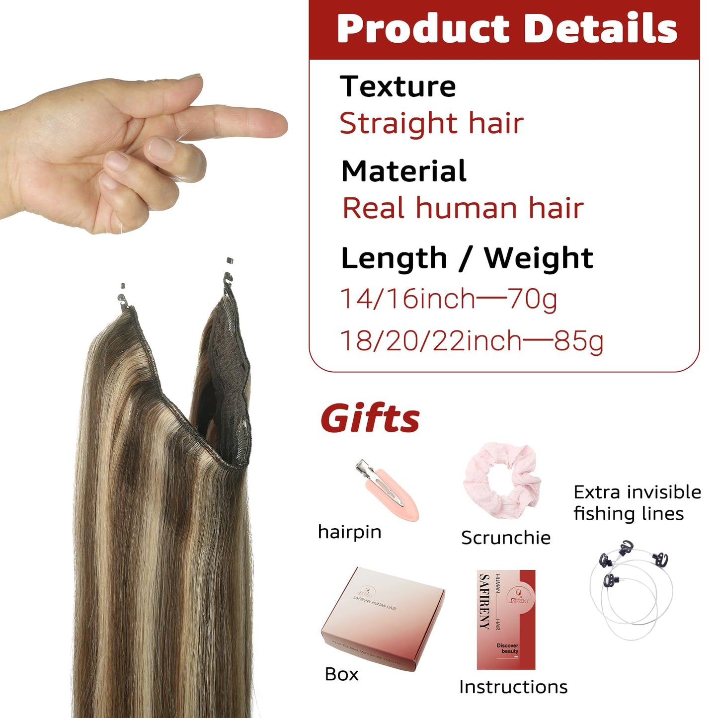 SAFIRENY Wire Hair Extensions Fish Line Hair Extensions Ash Brown to Platinum Blonde Extensions, Invisible Hair Extensions Real Human Hair 14inch 70g Adjustable Size Hair Extensions(#8T/60-14inch)