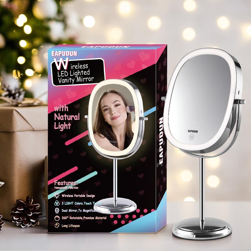 EAPUDUN Lighted Makeup Mirror 9" – 2-Sided Tabletop Vanity Mirror with 7X Magnification, 3 Color Lighting Modes, Rechargeable, 360° Rotation, 84 LED Lights