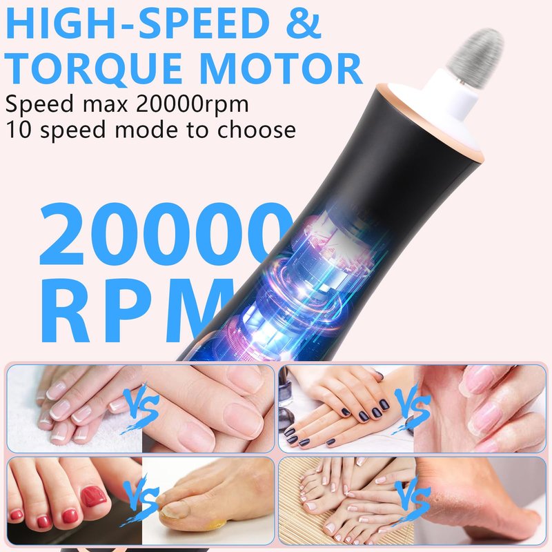 Professional Manicure Pedicure Kit, Cordless Electric Nail File Set, 360° LED Light Nail Drill Machine with LCD Display, 10 Speeds Rechargeable Nail Drill Grinder for Gel Nail Thick Toe Nails