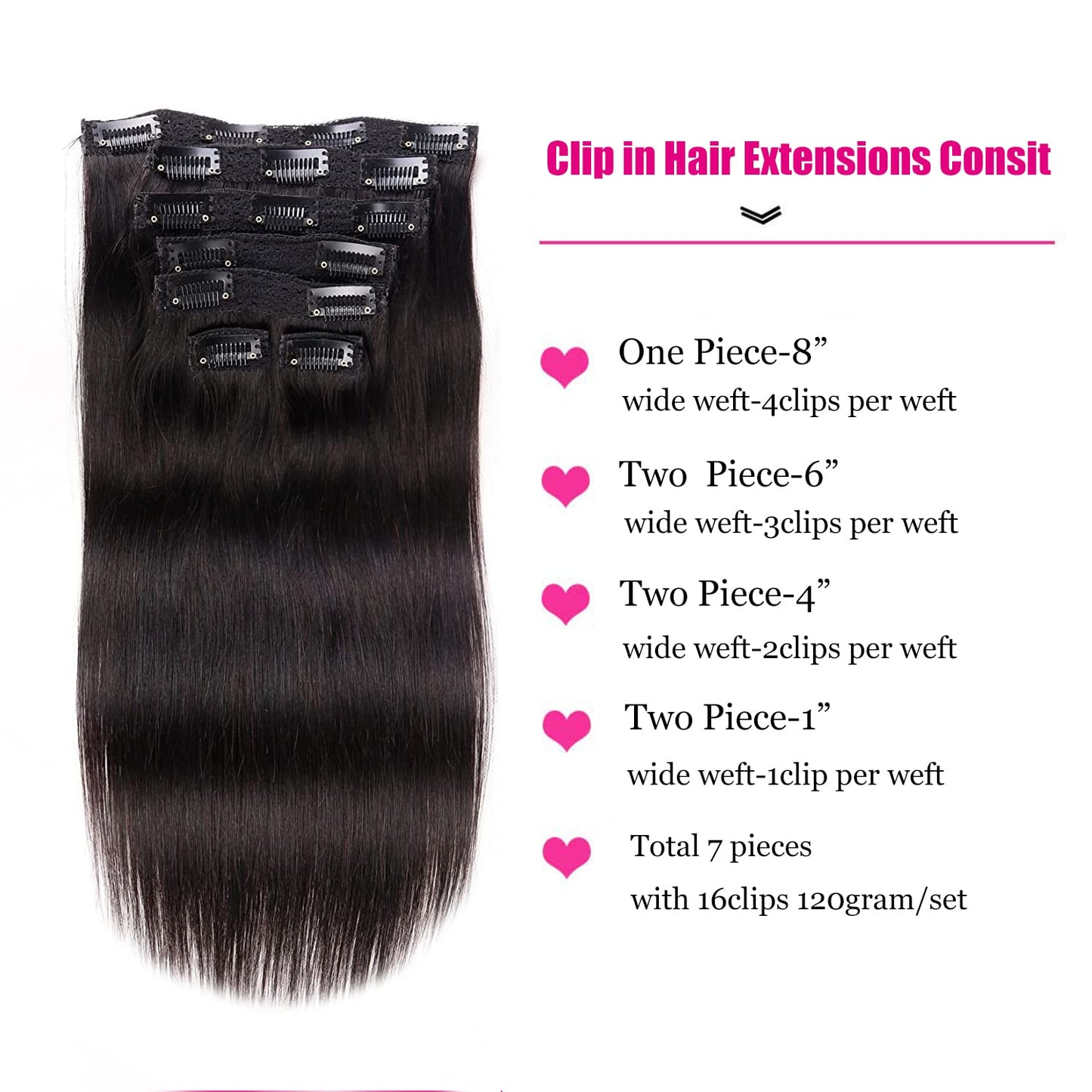 Clip in Hair Extensions Real Human Hair, 120g/set 7pcs, Thick Remy Human Hair Clip in Extensions, Brazilian Straight Human Hair Clip ins for Women (1#, 14inch)