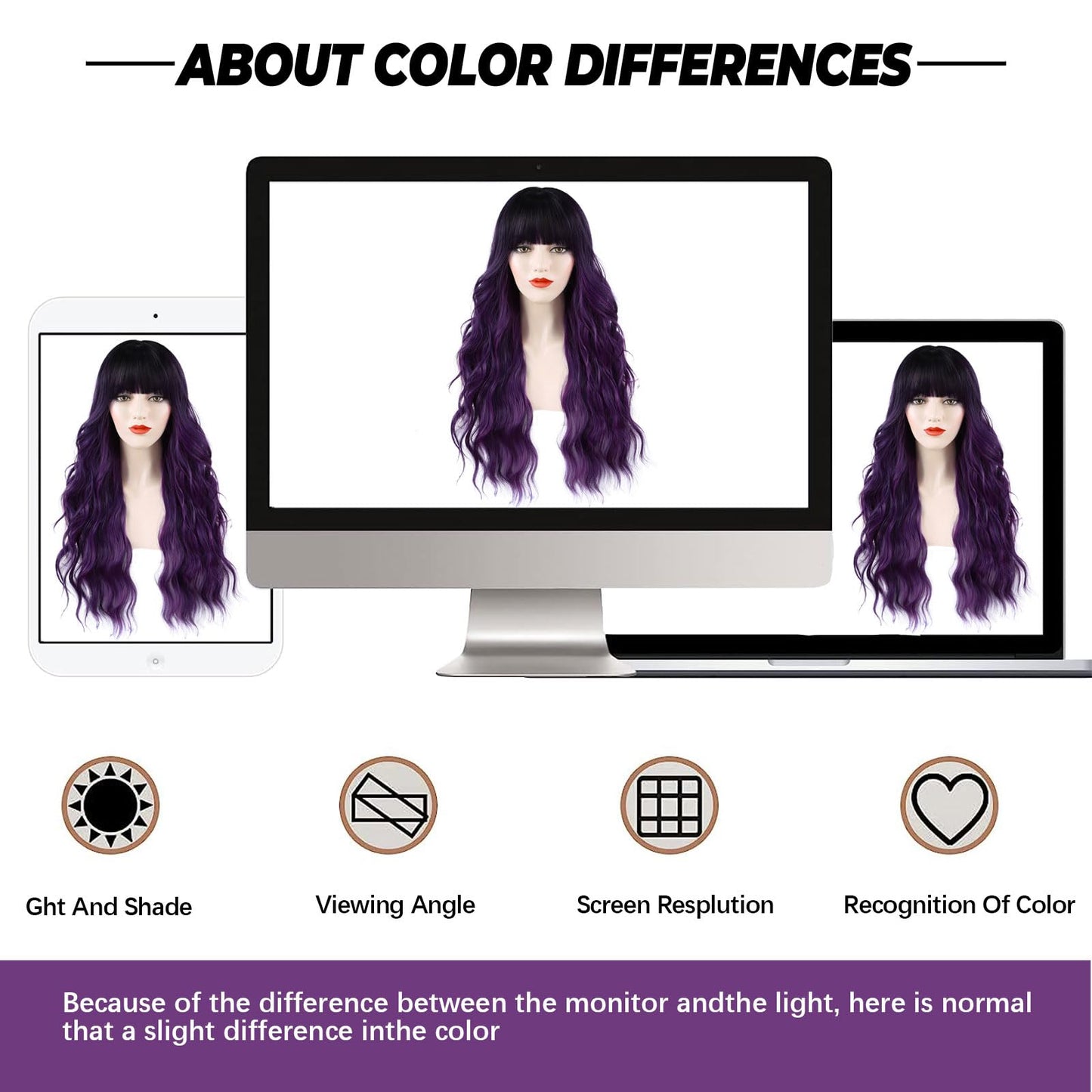 Wallden Hair Purple Wigs with Bangs Long Curly Wavy Women's Wig Ombre Heat Resistant Synthetic Bangs Wig for Daily Party Use(Ombre Purple, 26 Inches)