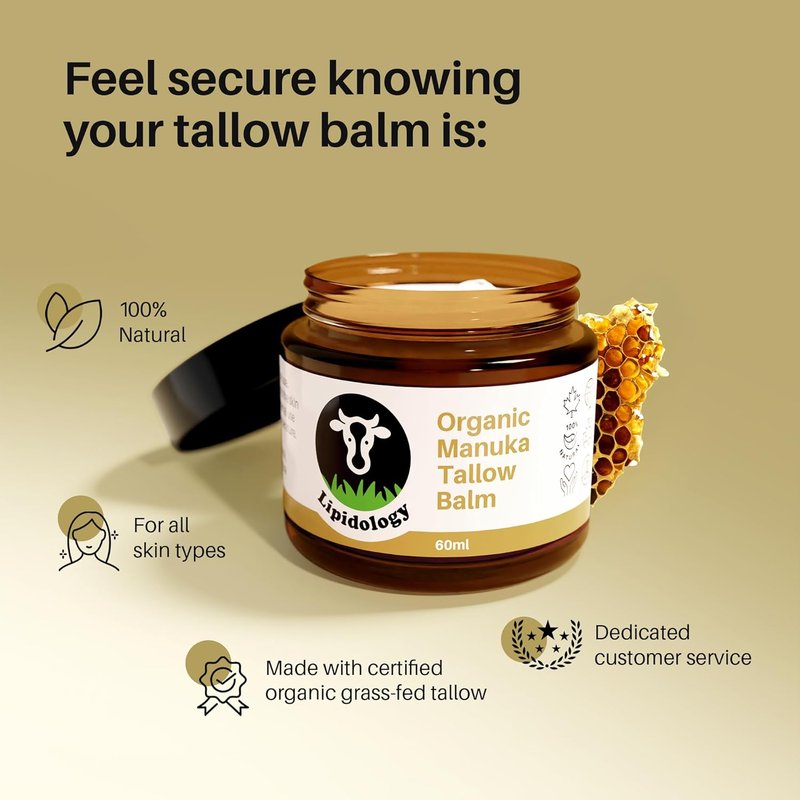 Organic Tallow Cream - Natural Unscented Face & Body Moisturizer with Manuka Honey | 60 ml (2 oz)