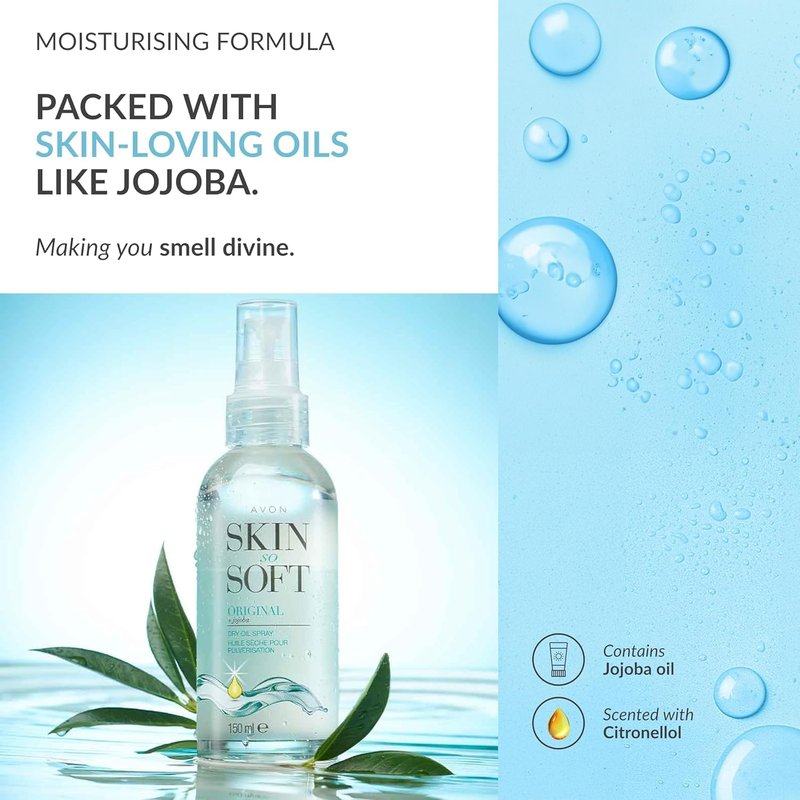 AVON SKIN SO SOFT Original Jojoba Oil Spray – Lightweight DRY Oil with Natural Moisturizing JOJOBA for Silky Smooth, Hydrated Skin 5.Fl Oz 150 ML (4- PACK)