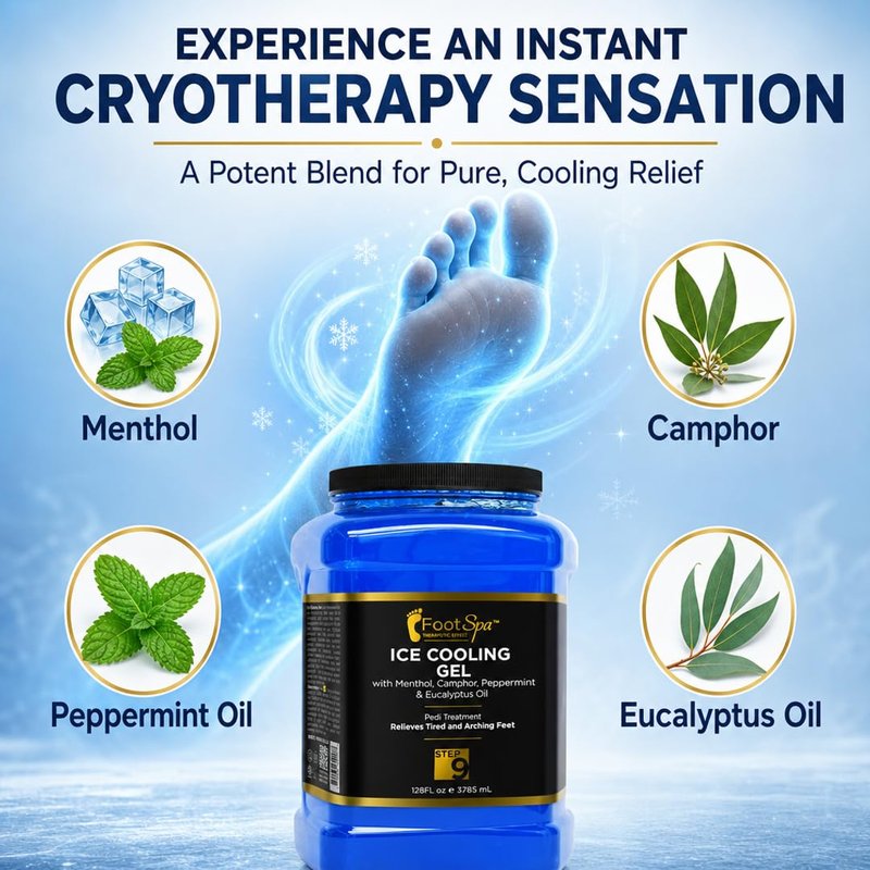 Foot SPA - Massage Cooling Gel for Pedicure Treatment with Menthol, Camphor, Peppermint and Eucalyptus Oil, Professional Strength Foot and Leg Ice Cooling Gel Therapy