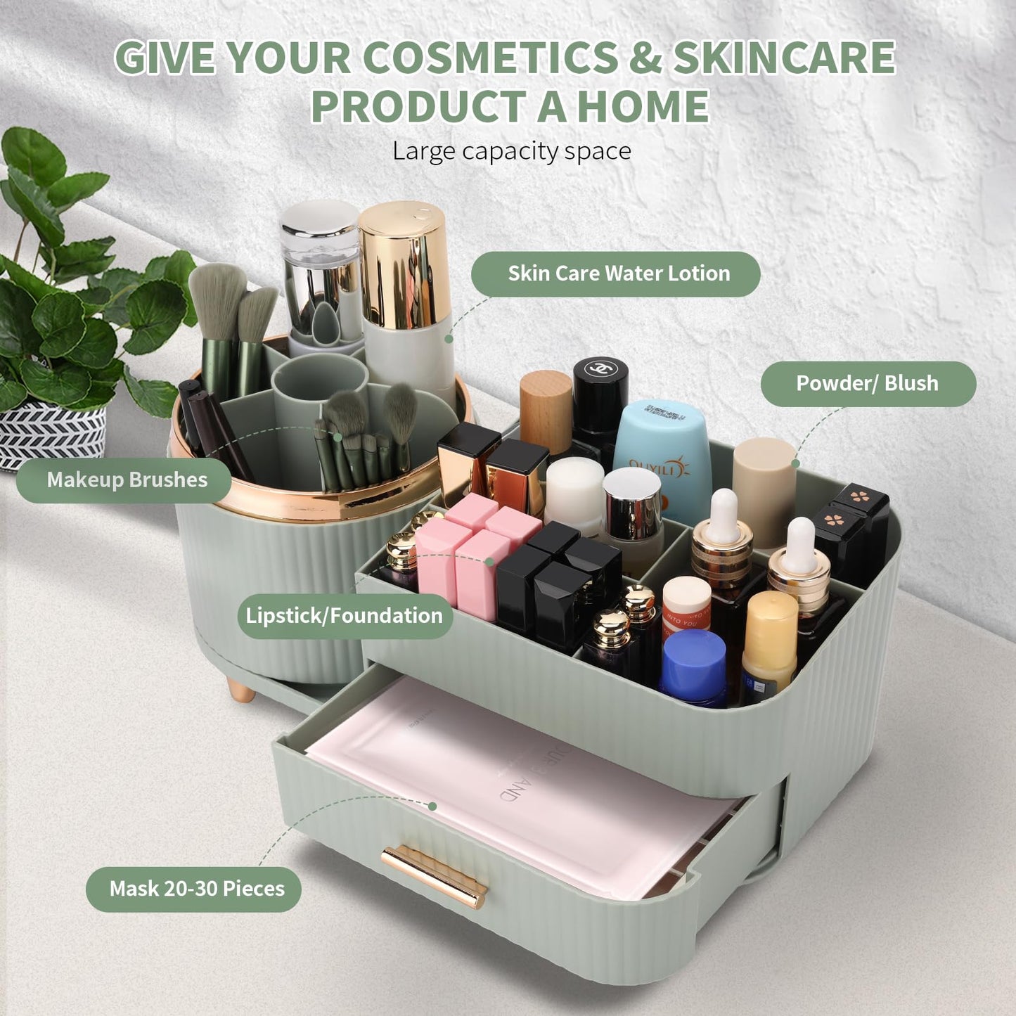 Beborxue 360° Rotating Makeup Organizer for Vanity with Drawers, Large Capacity Cosmetic Display Case, skincare organizer, Cosmetic Organizer for Lipstick, Skincare, Brushes, Eyeshadow, (Green)