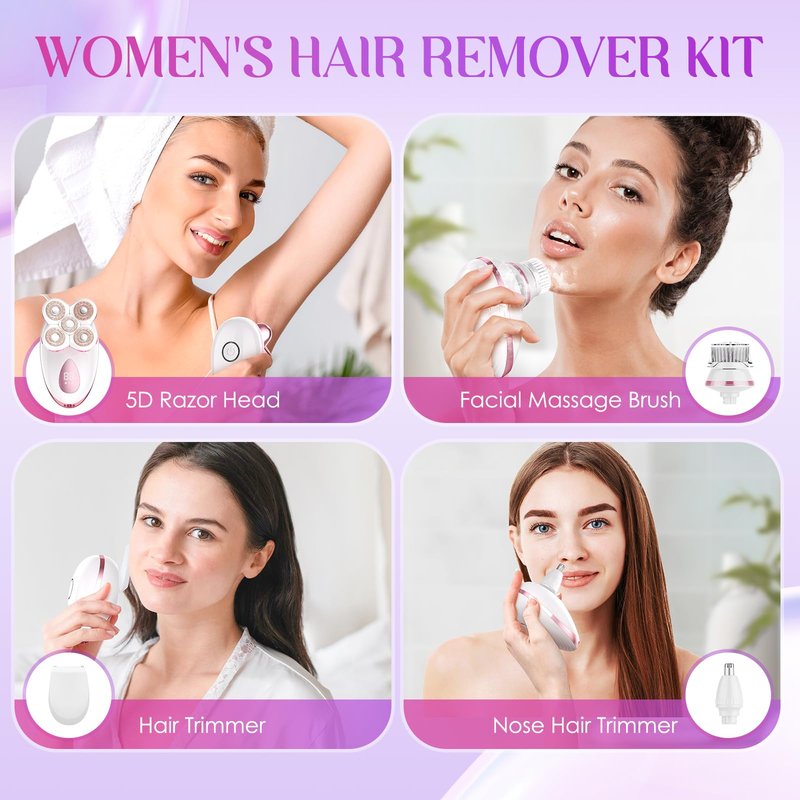 Electric Razors for Women Legs - Painless Body Shavers for Sensitive Skin - 5 in 1 Cordless Lady Trimmer for Women's Leg, Bikini and Face - Waterproof Wet/Dry Remover, Rechargeable, Fuchsia