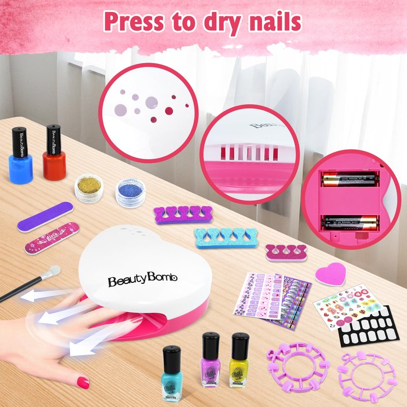 Kids Spa Day Kit for Girls，Kids Foot Spa & Nail Kit Set，Massage Foot Soak Tub and Nail Dryer，Kids Toys Manicure Pedicure Art Salon，Birthday Gifts for Girls 5 6 7 8-12，Pink