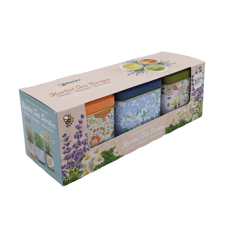 BUZZY Seeds Herbal Tea Garden Grow Kit – 3 Square Tin Planters with Lavender, Chamomile & Lemon Balm Seeds, Easy Indoor Herb Starter, Relaxing Gardening Gift Set