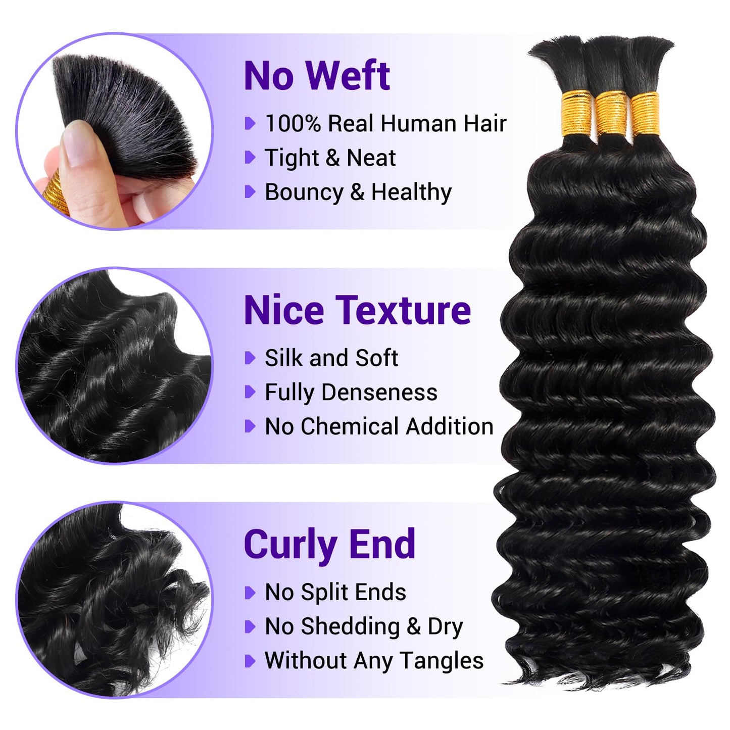 Human Braiding Hair for Boho Braids 110g Deep Wave Boho Bulk Human Hair for Braiding Knotless 12A Wet and Wavy Bohemian 3 No Weft Bundles/Pack Curly Braids Natural Color 14 Inch
