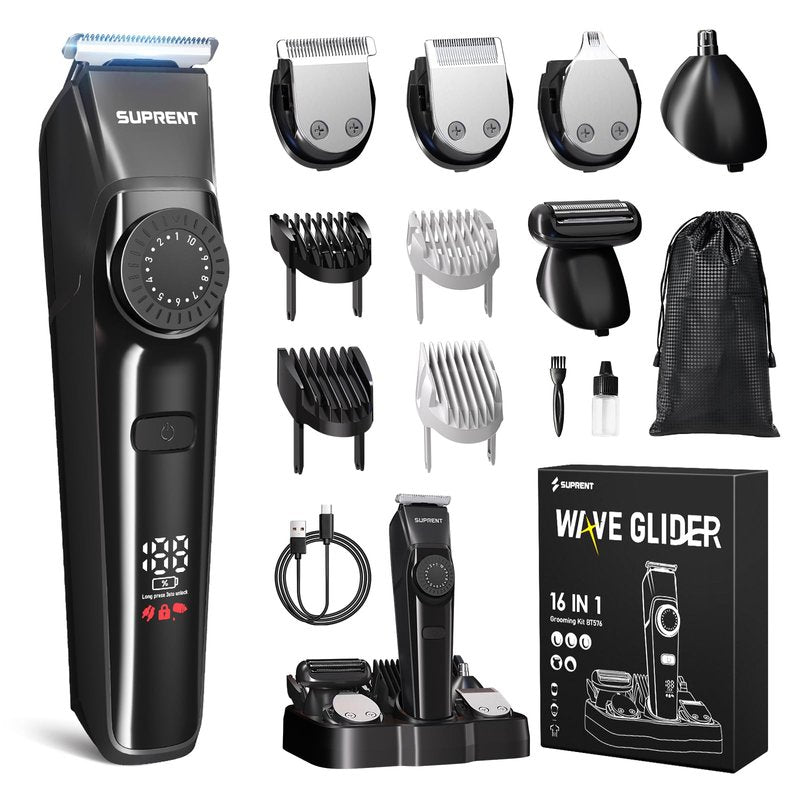 SUPRENT Beard Trimmers for Men - All-in-One Mens Grooming Kits with 40 Precision Dials，Waterproof Adjustable Trimmers for Hair, Beard, Face, Nose & Body, USB-C Rechargeable, 3.5H Running Time (Black)