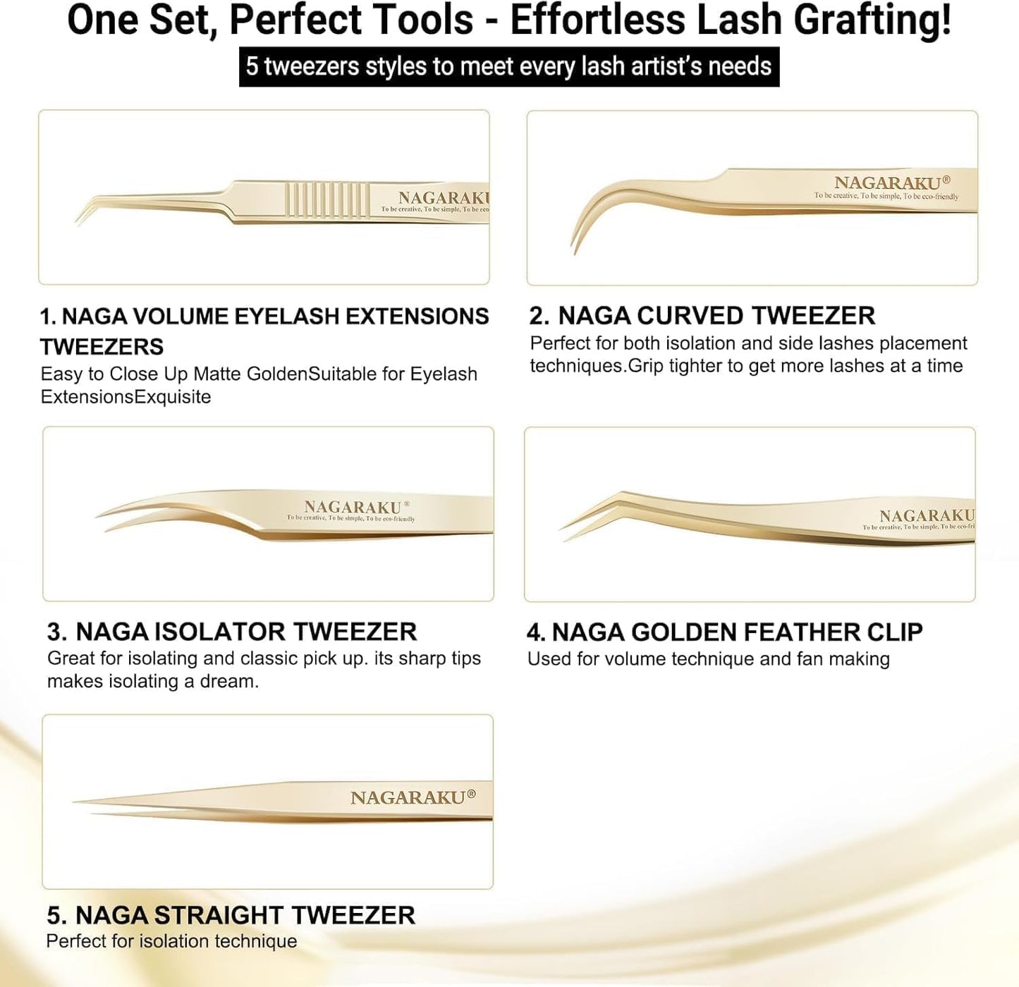 NAGARAKU Professional Eyelash Extension Tweezers, Precision Tip Stainless Steel Lash Tool Straight & Curved for Individual & Volume for Salon Use, 5 PCS Tweezer Set Easy Fanning w. Paper Box