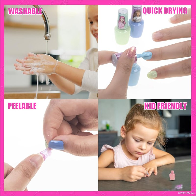 Barbie Non-Toxic Peel-Off Nail Polish Set for Kids - Safe Water-Based Formula | Includes Nail Dryer, Ages 3+