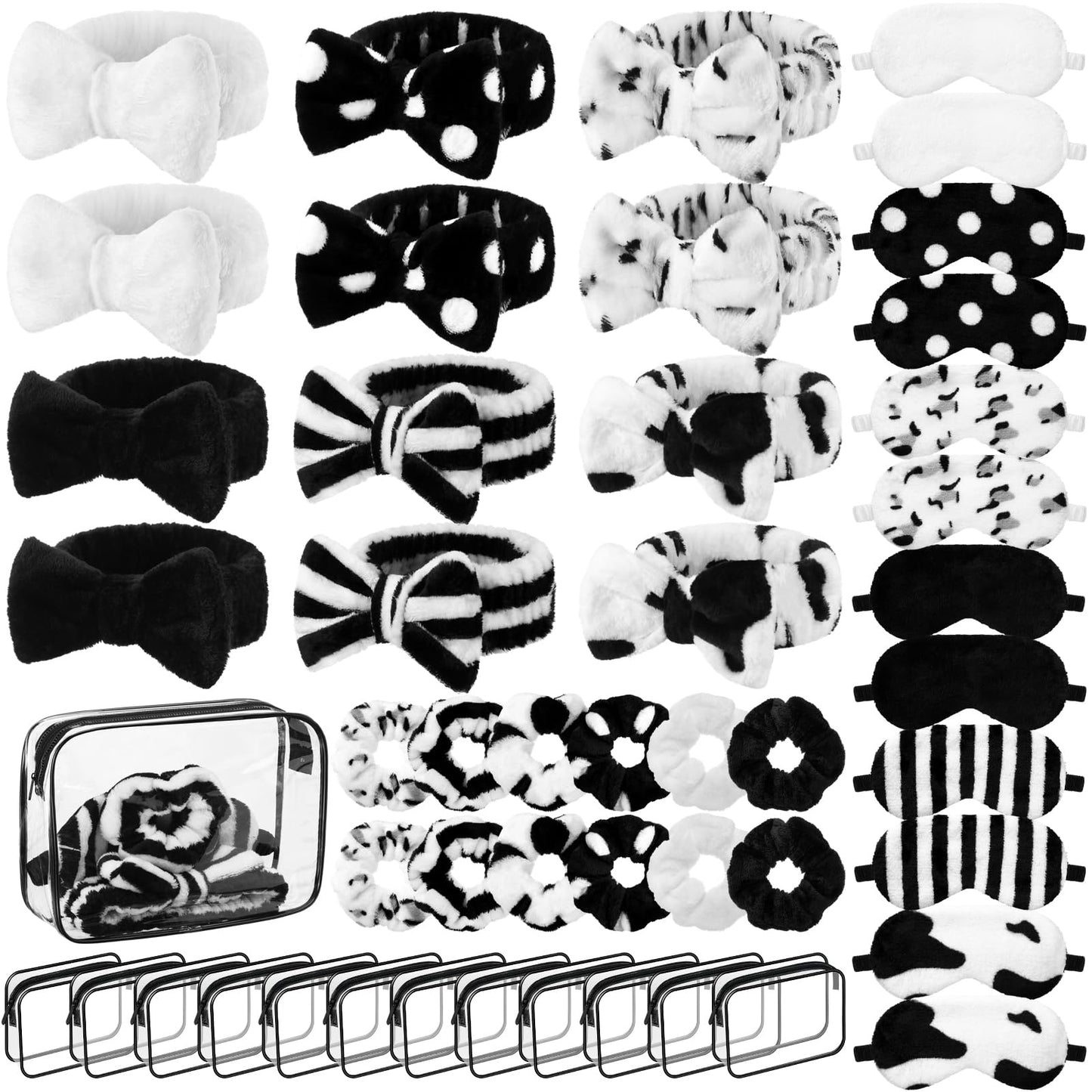 Kajaia 48 Pcs Spa Party Supplies for Girls Spa Party Favor Sleepover Slumber Supplies for Women Headband Eye Mask Hair Scrunchies Toiletry Bag(Black,Laser)