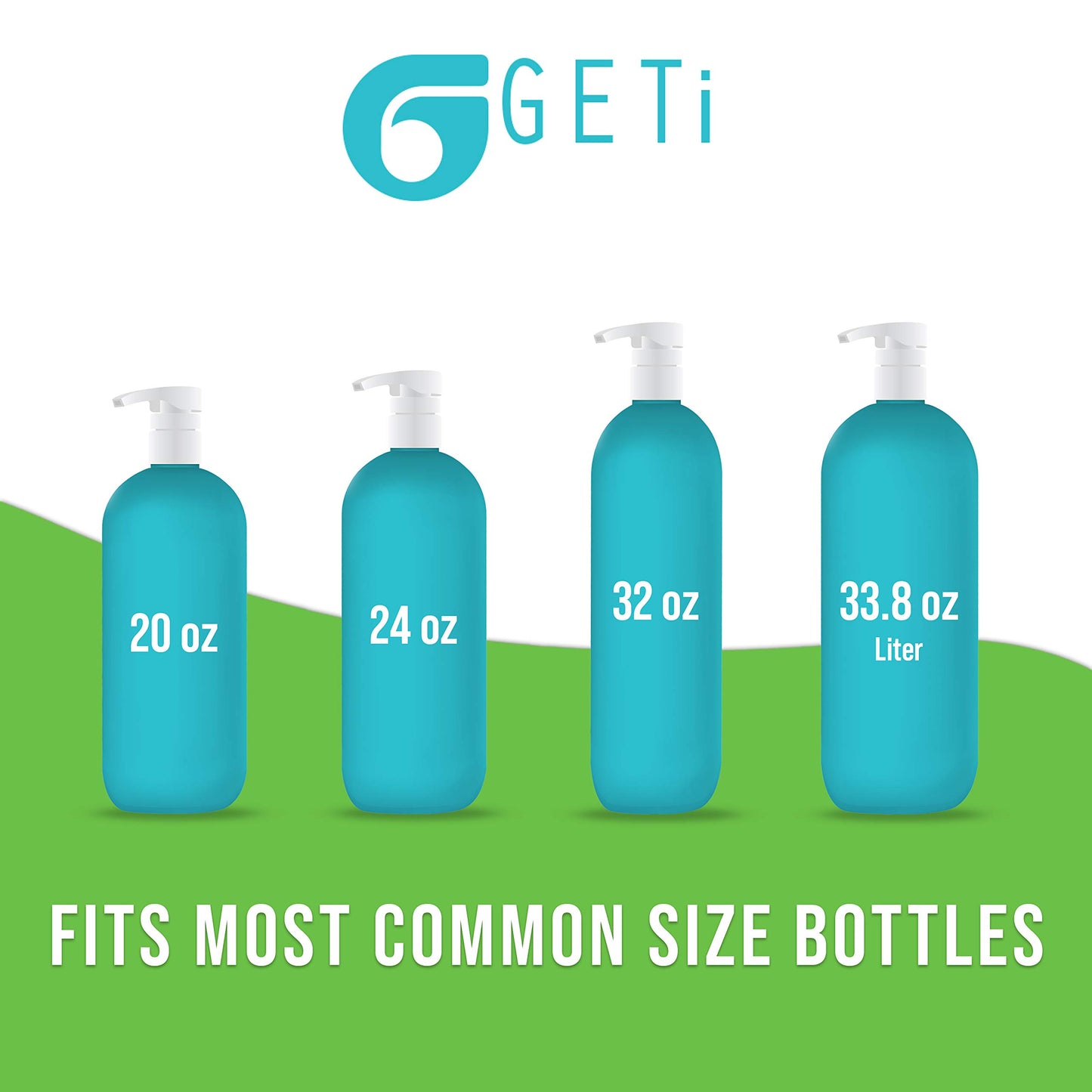2-Pack Liter 33.8 oz Shampoo Conditioner Pump Dispenser | Fits Most Salon Brand Liter Size Bottles with a 1-inch Wide Opening | Not Compatible with Joico or Amika Bottles | White | by Geti Beauty